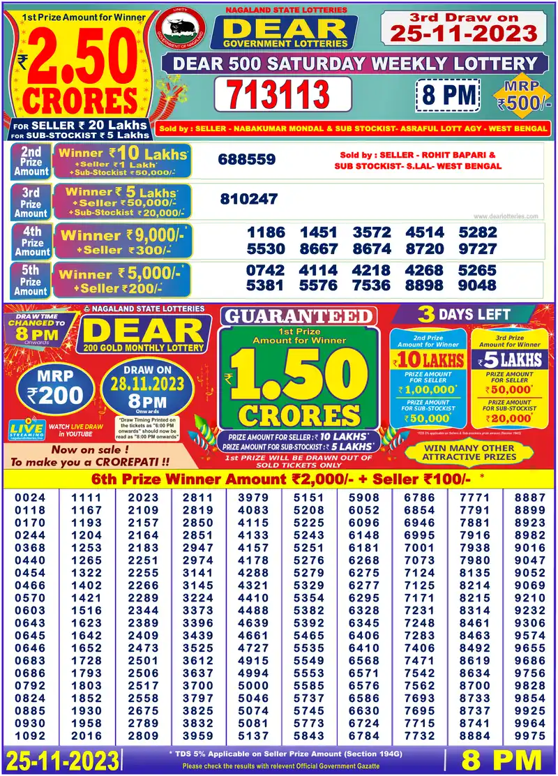 Dear 500 Saturday Weekly result 25/11/2023