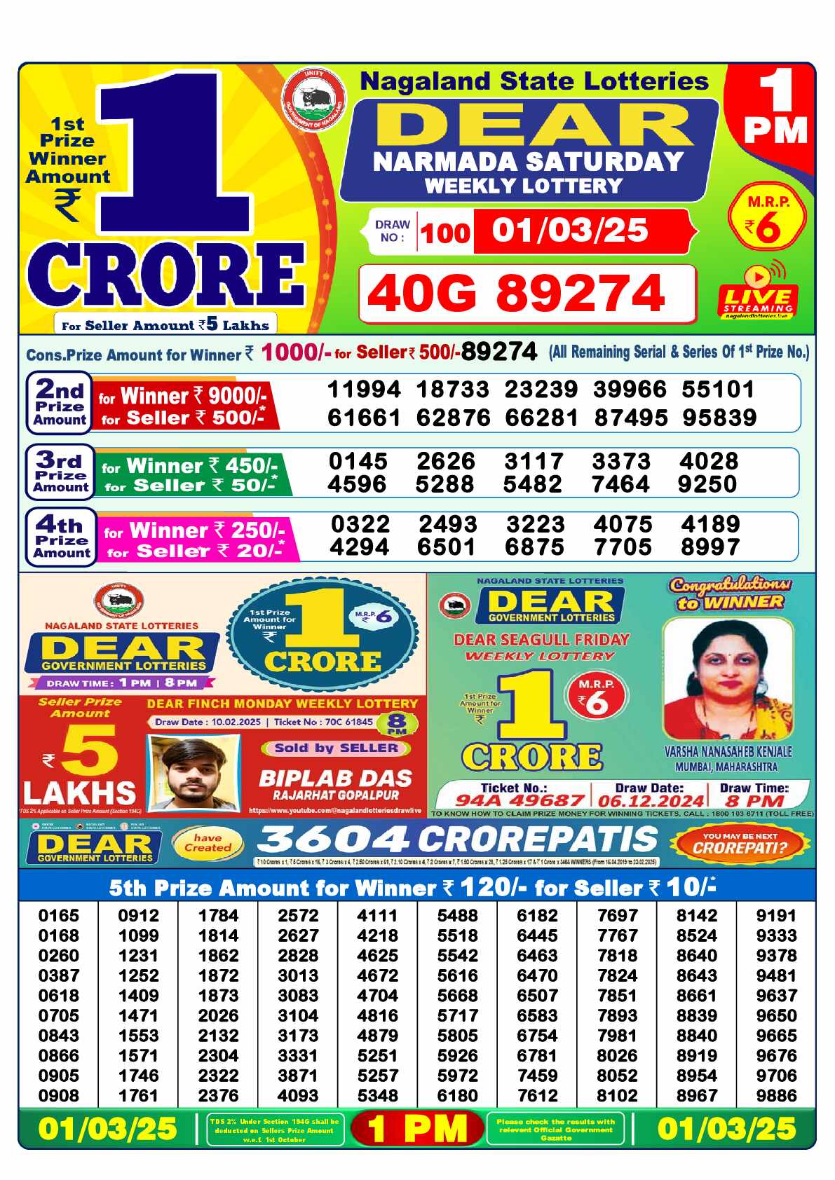 Lottery Sambad 01.03.25 Dear Lottery Result 1pm