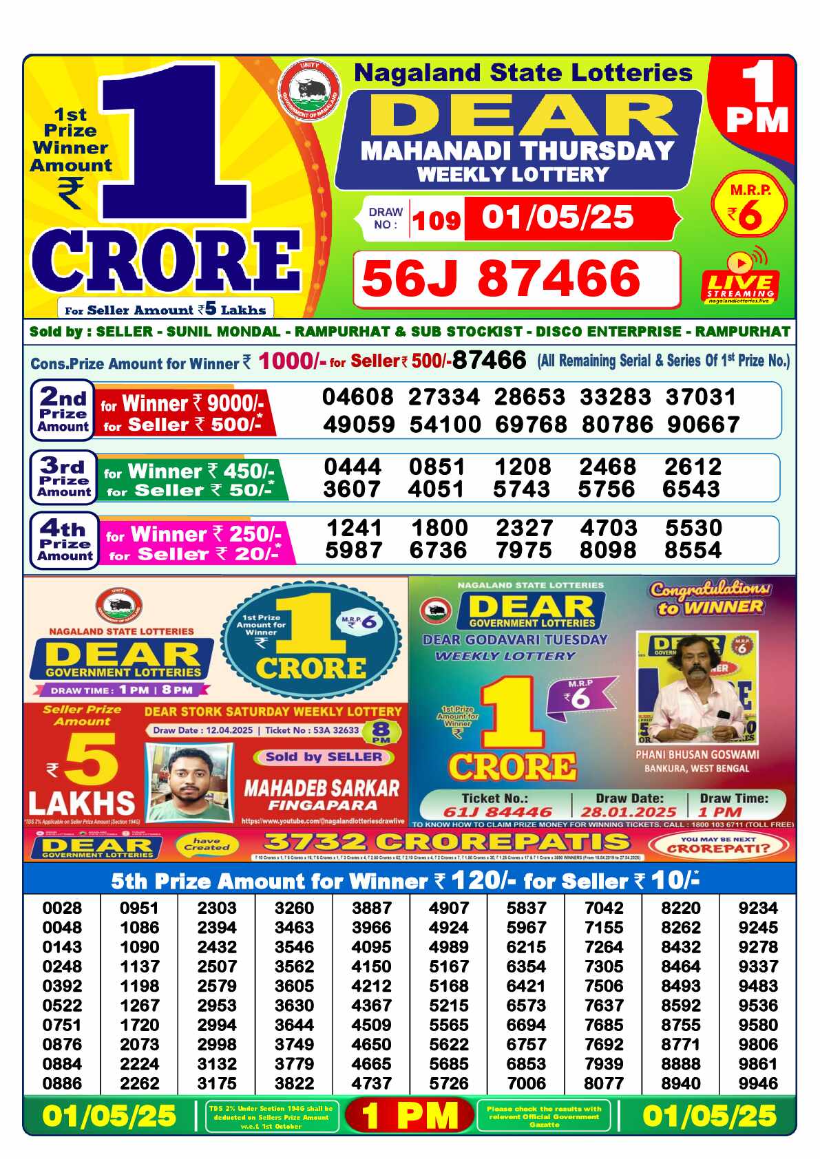 Lottery Sambad 01.05.25 Dear Lottery Result 1pm