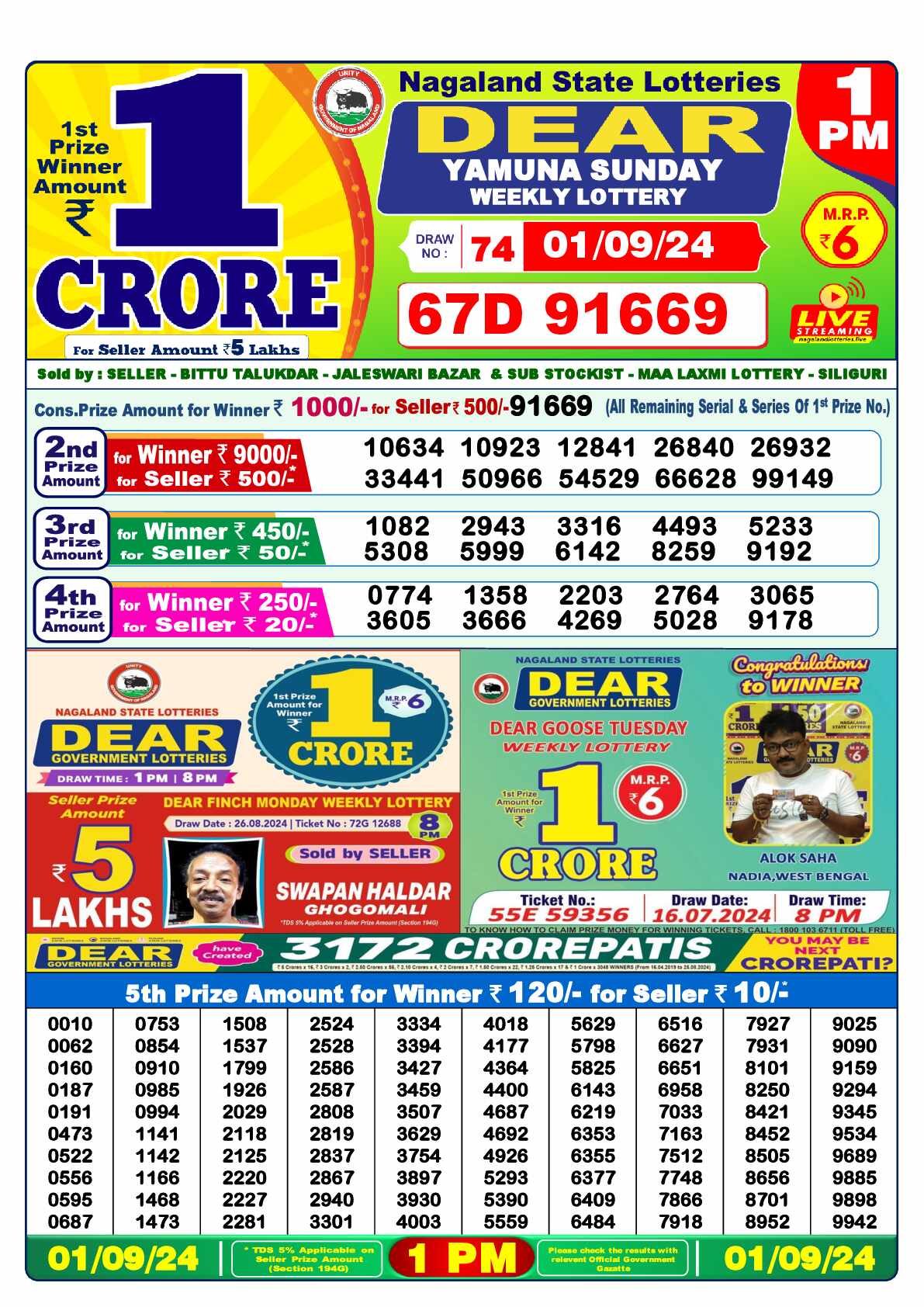 Lottery Sambad 01.09.24 Dear Lottery Result 1pm