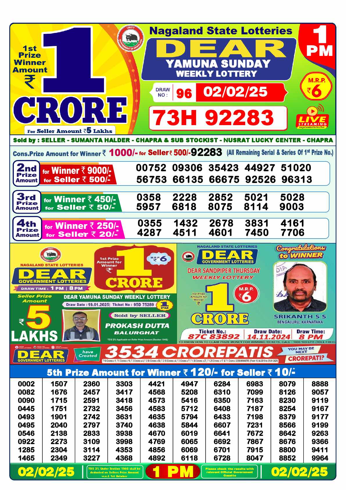 Lottery Sambad 02.02.25 Dear Lottery Result 1pm