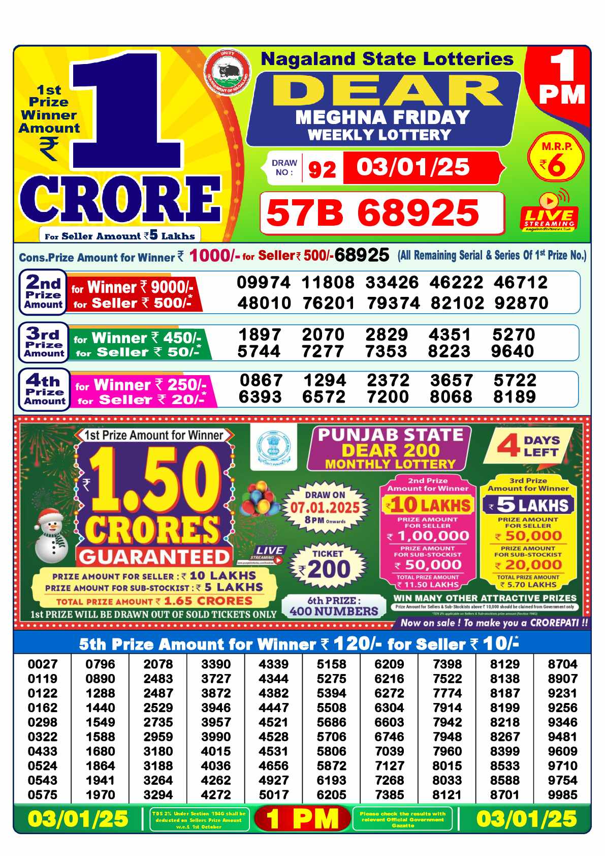 Lottery Sambad Result 1:00 PM Yesterday 03 January 2025