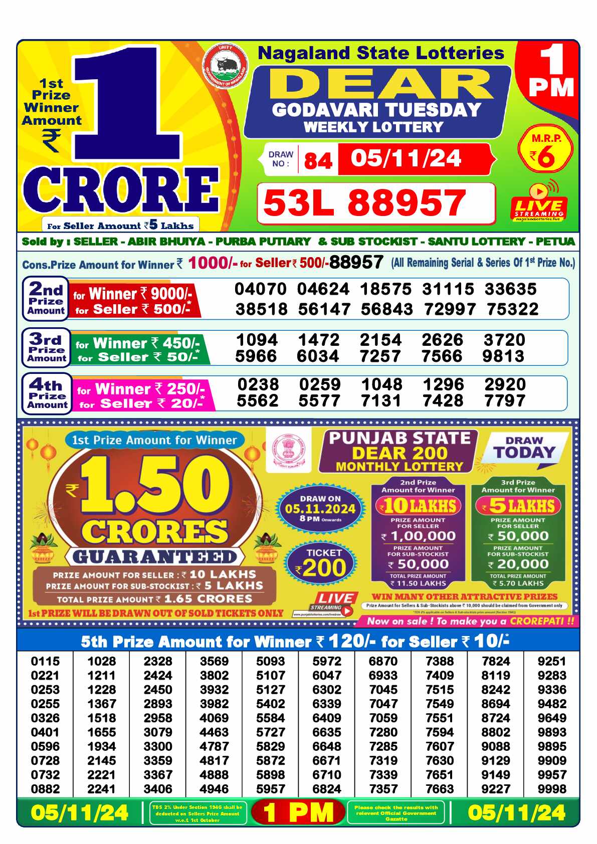 Lottery Sambad Today Result 1:00 PM 05 November 2024