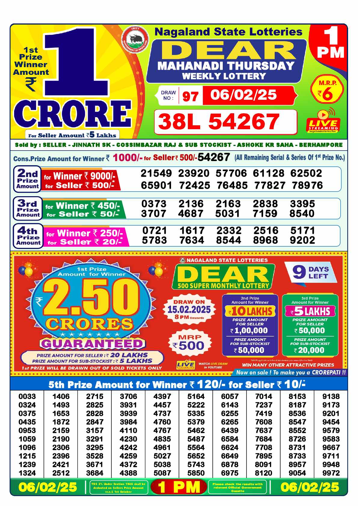 Lottery Sambad Today Result 1:00 PM 06 February 2025