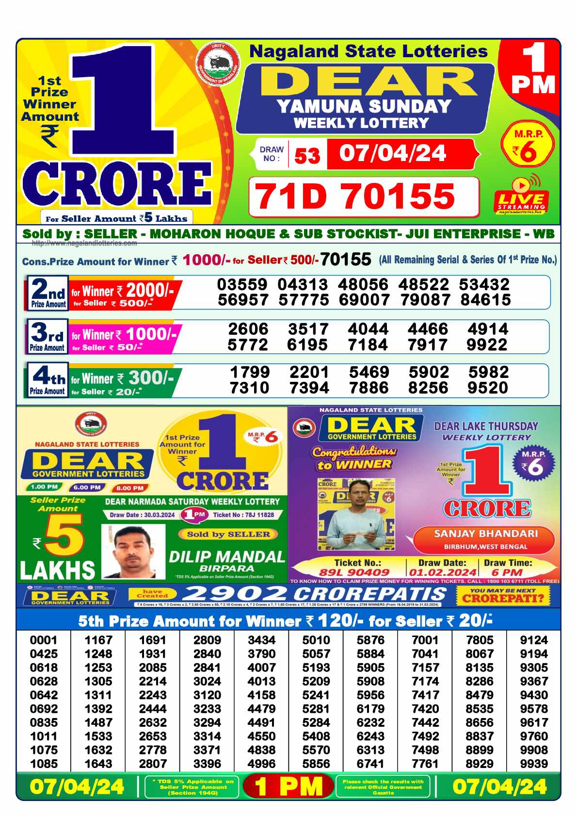 Lottery Sambad 07.04.24 Dear Lottery Result 1pm