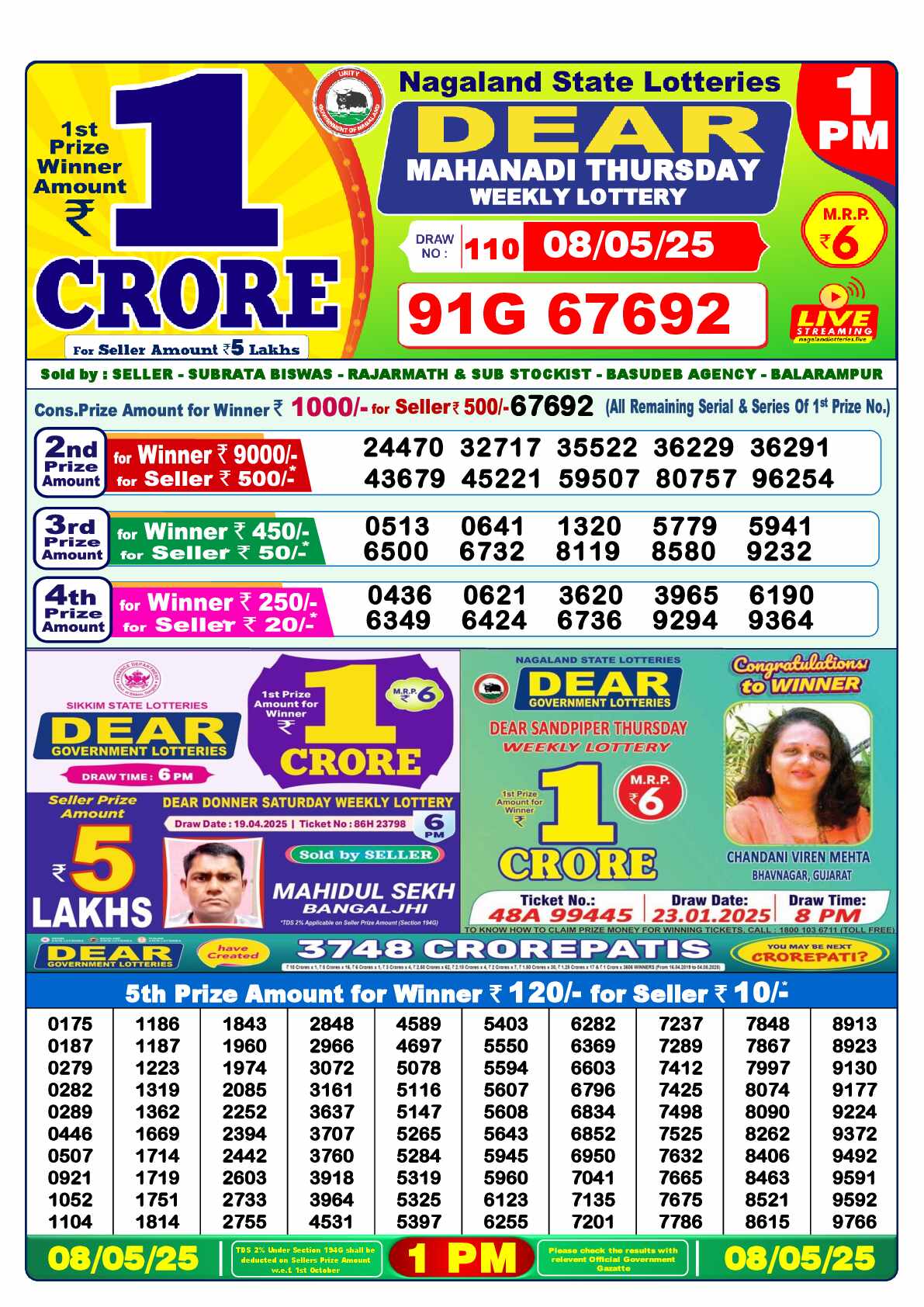 Lottery Sambad 08.05.25 Dear Lottery Result 1pm