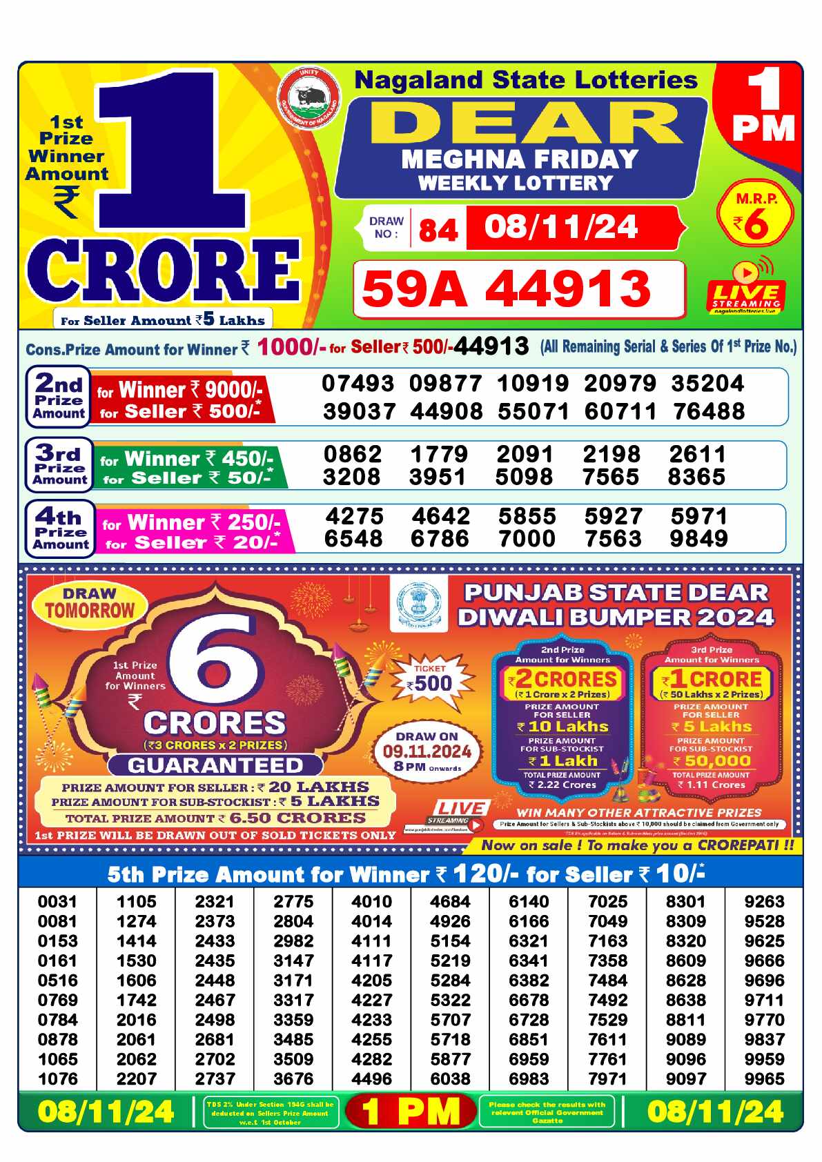 Lottery Sambad 08.11.24 Dear Lottery Result 1pm