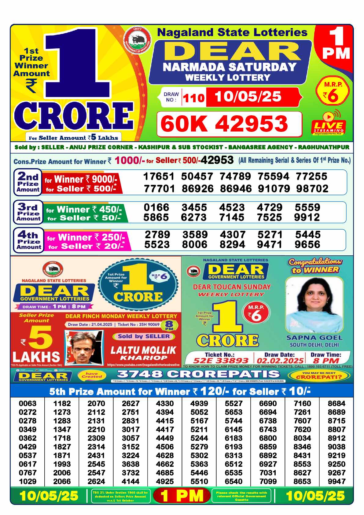 Lottery Sambad 10.05.25 Dear Lottery Result 1pm