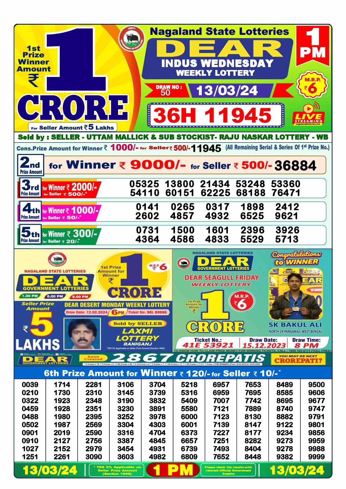 Lottery Sambad 13.03.24 Dear Lottery Result 1pm