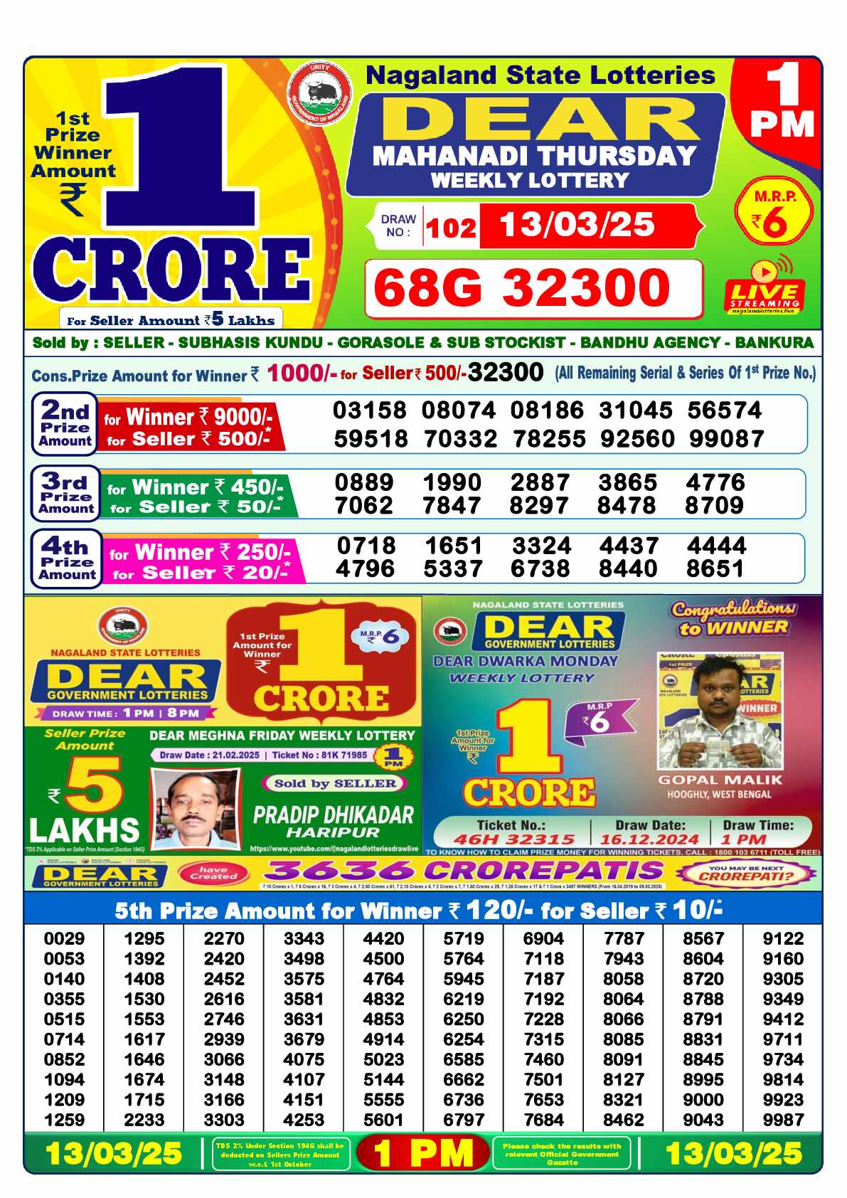 Lottery Sambad 13.03.25 Dear Lottery Result 1pm