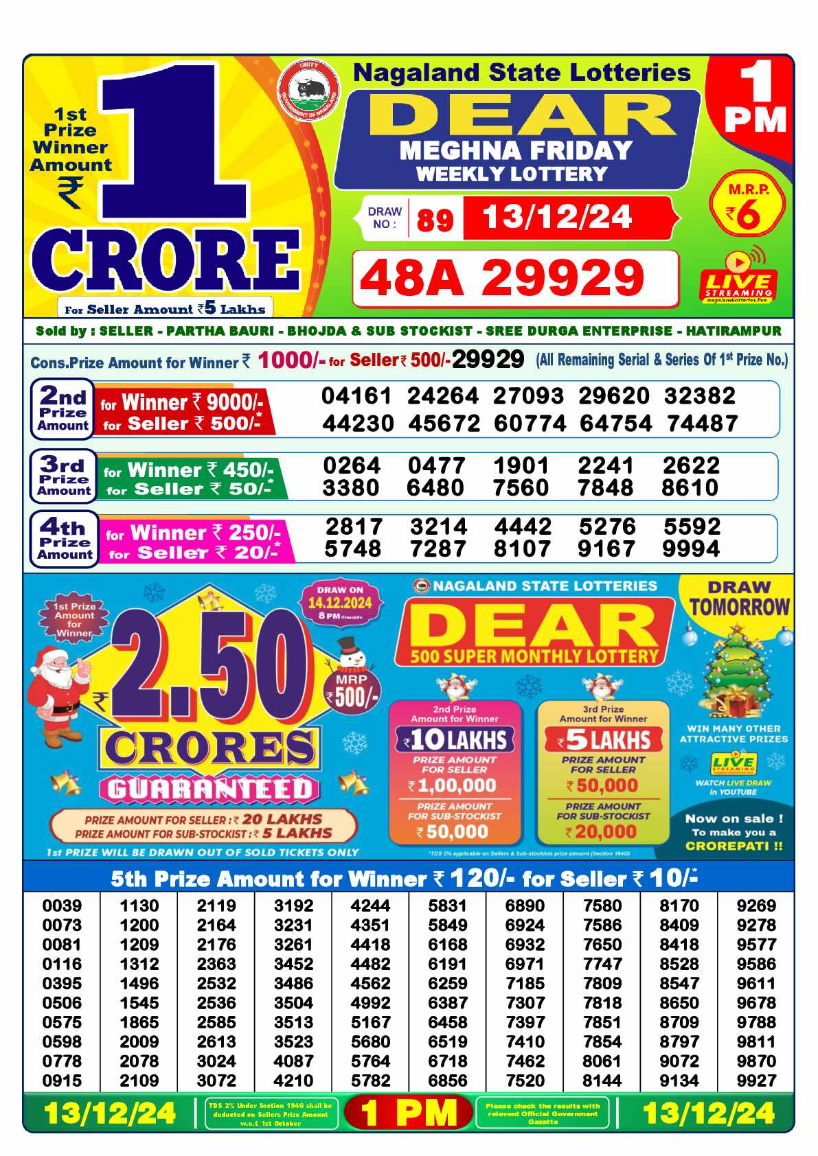 Lottery Sambad 13.12.24 Dear Lottery Result 1pm