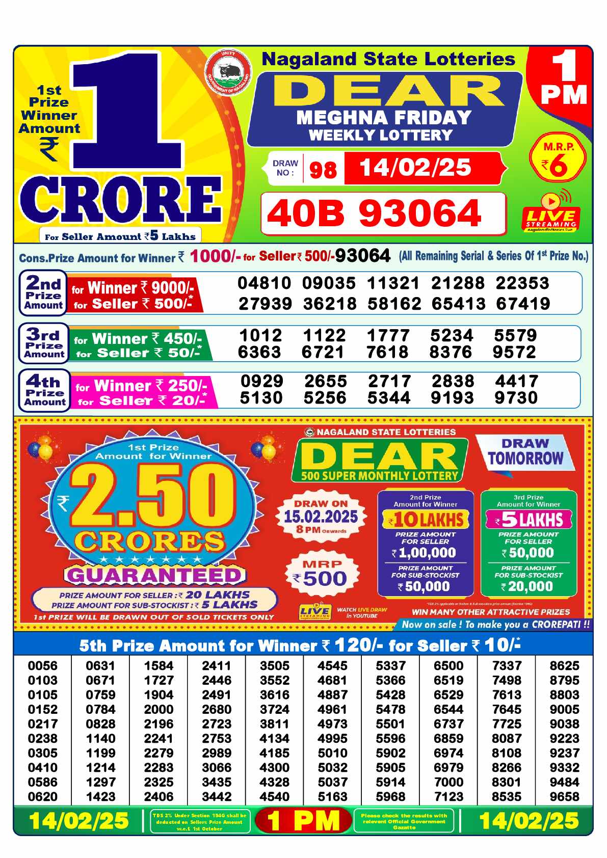 Lottery Sambad 14.02.25 Dear Lottery Result 1pm