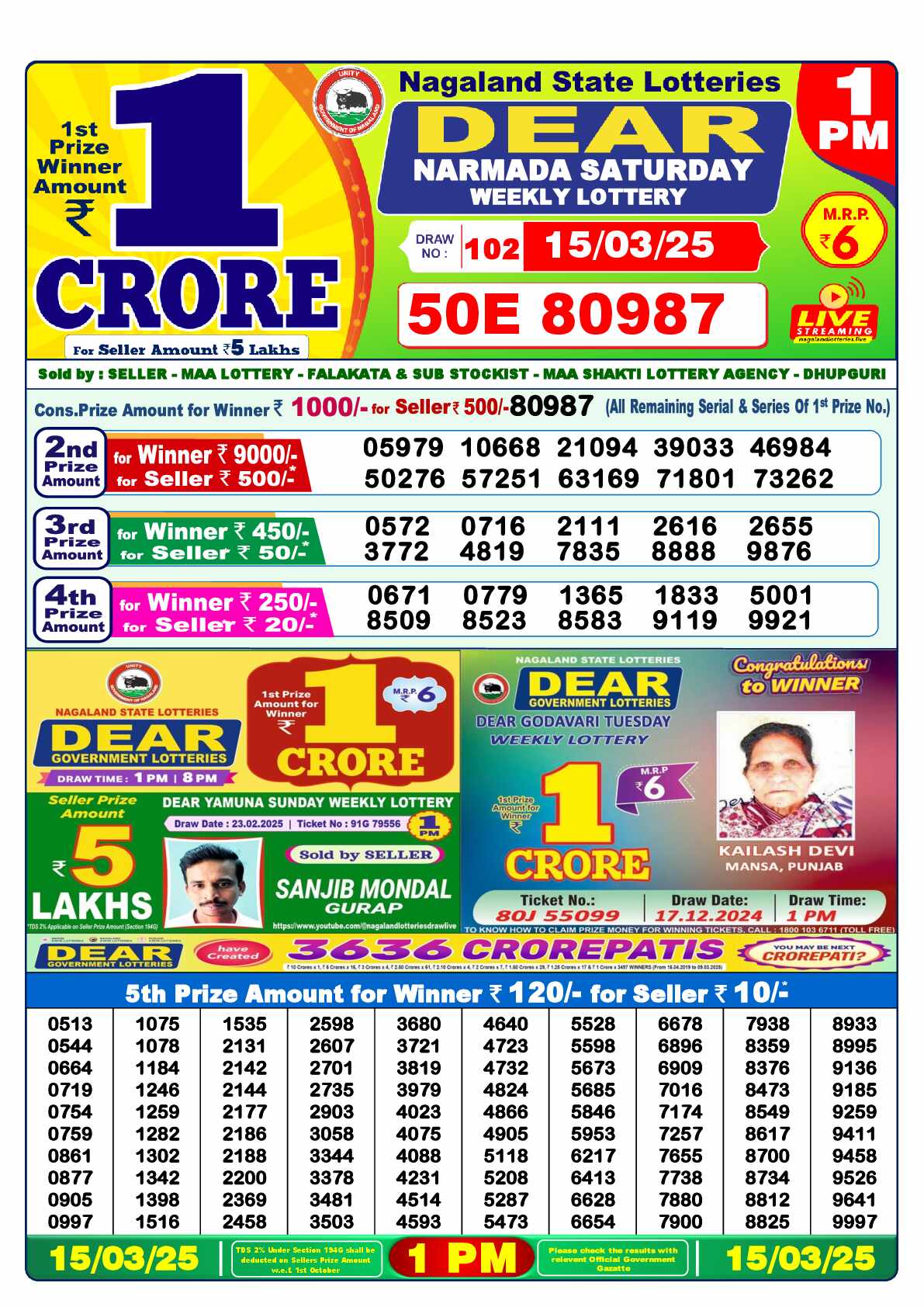 Lottery Sambad 15.03.25 Dear Lottery Result 1pm