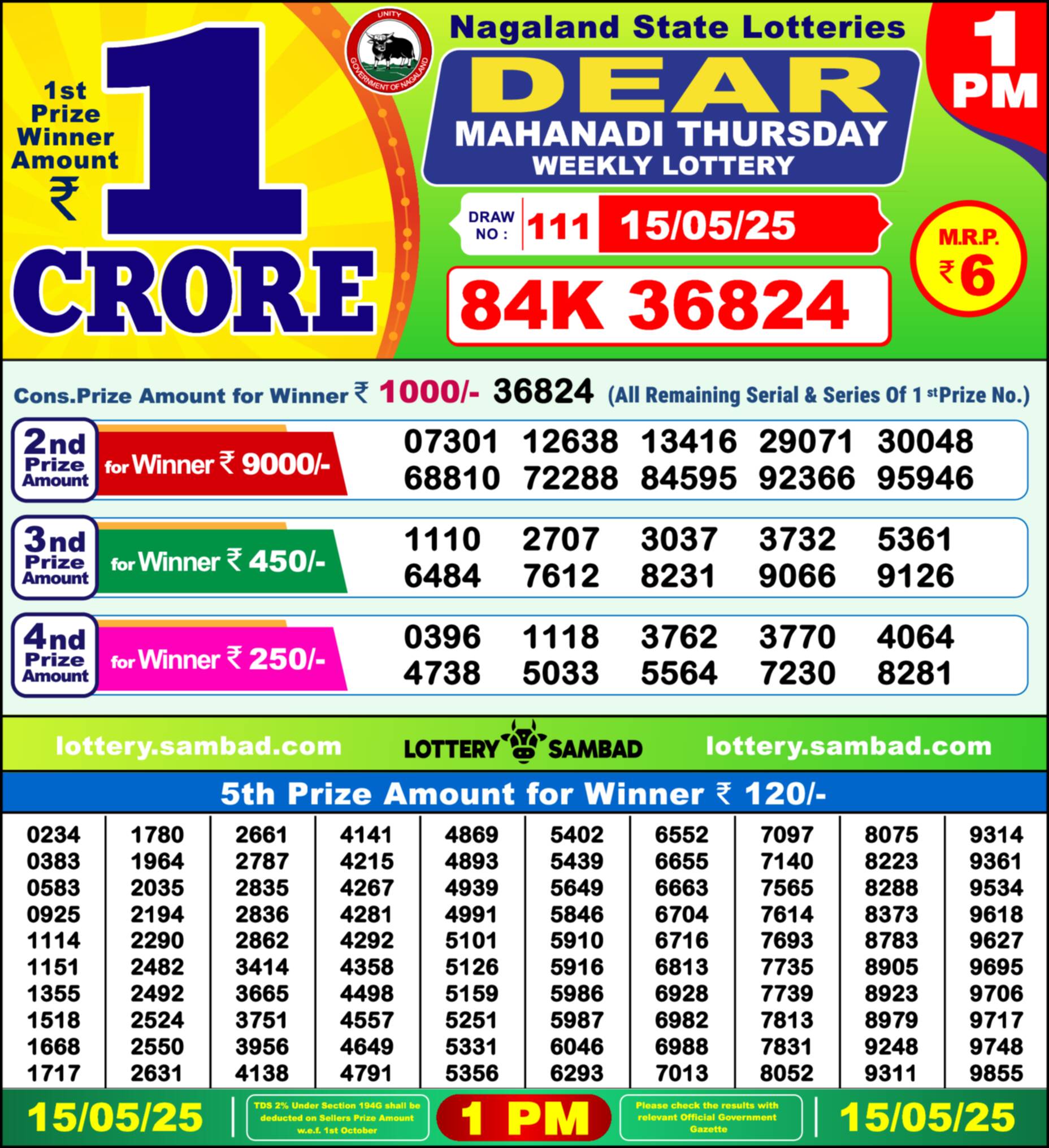 Lottery Sambad Today Result 1pm 15 May 2025