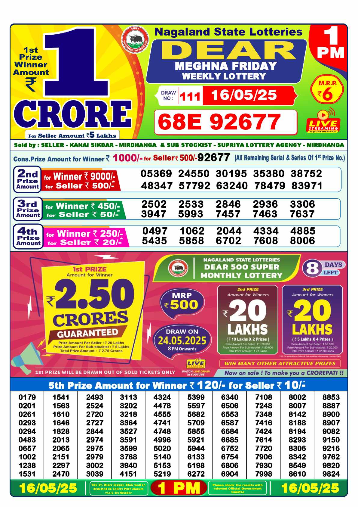 Lottery Sambad 16.05.25 Dear Lottery Result 1pm