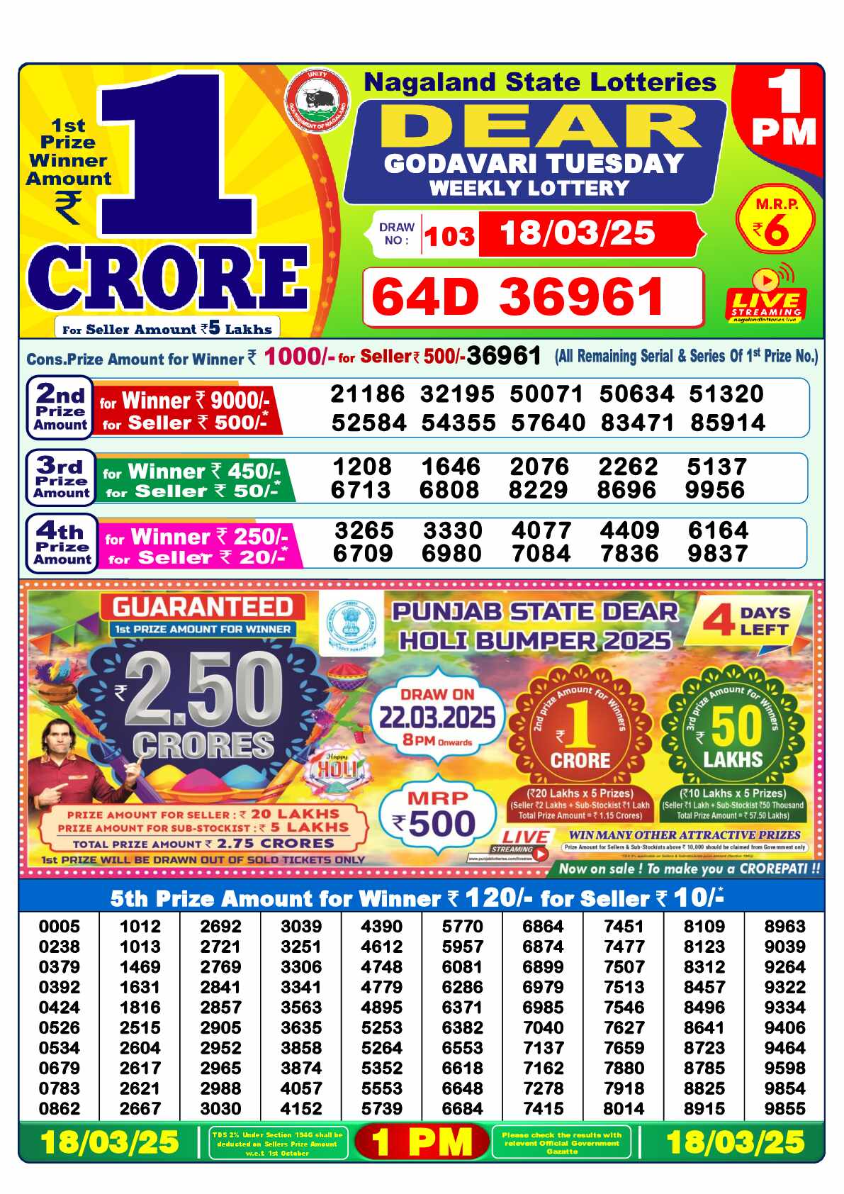 Lottery Sambad 18.03.25 Dear Lottery Result 1pm