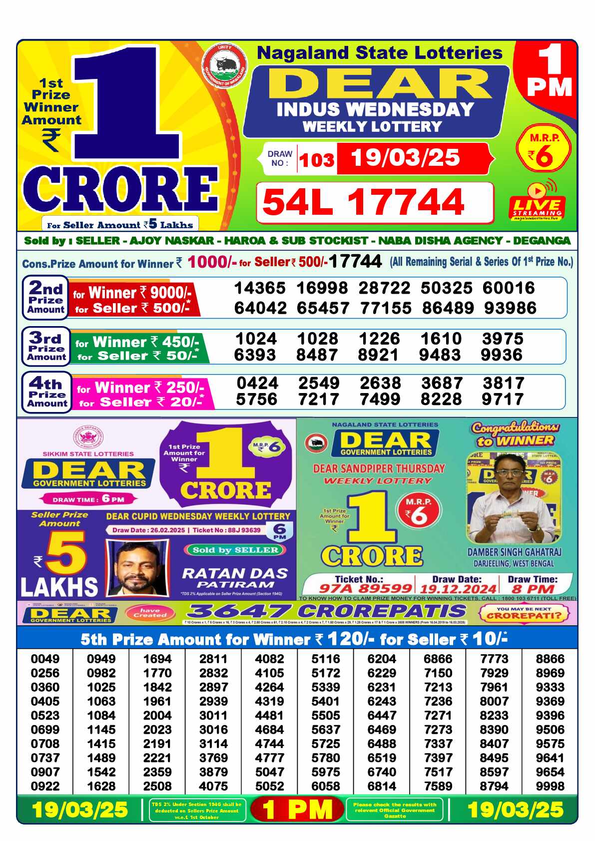 Lottery Sambad 19.03.25 Dear Lottery Result 1pm