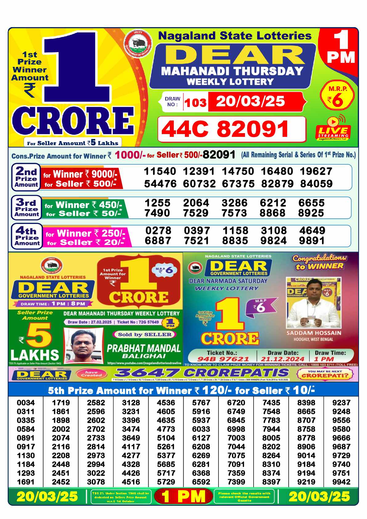 Lottery Sambad 20.03.25 Dear Lottery Result 1pm