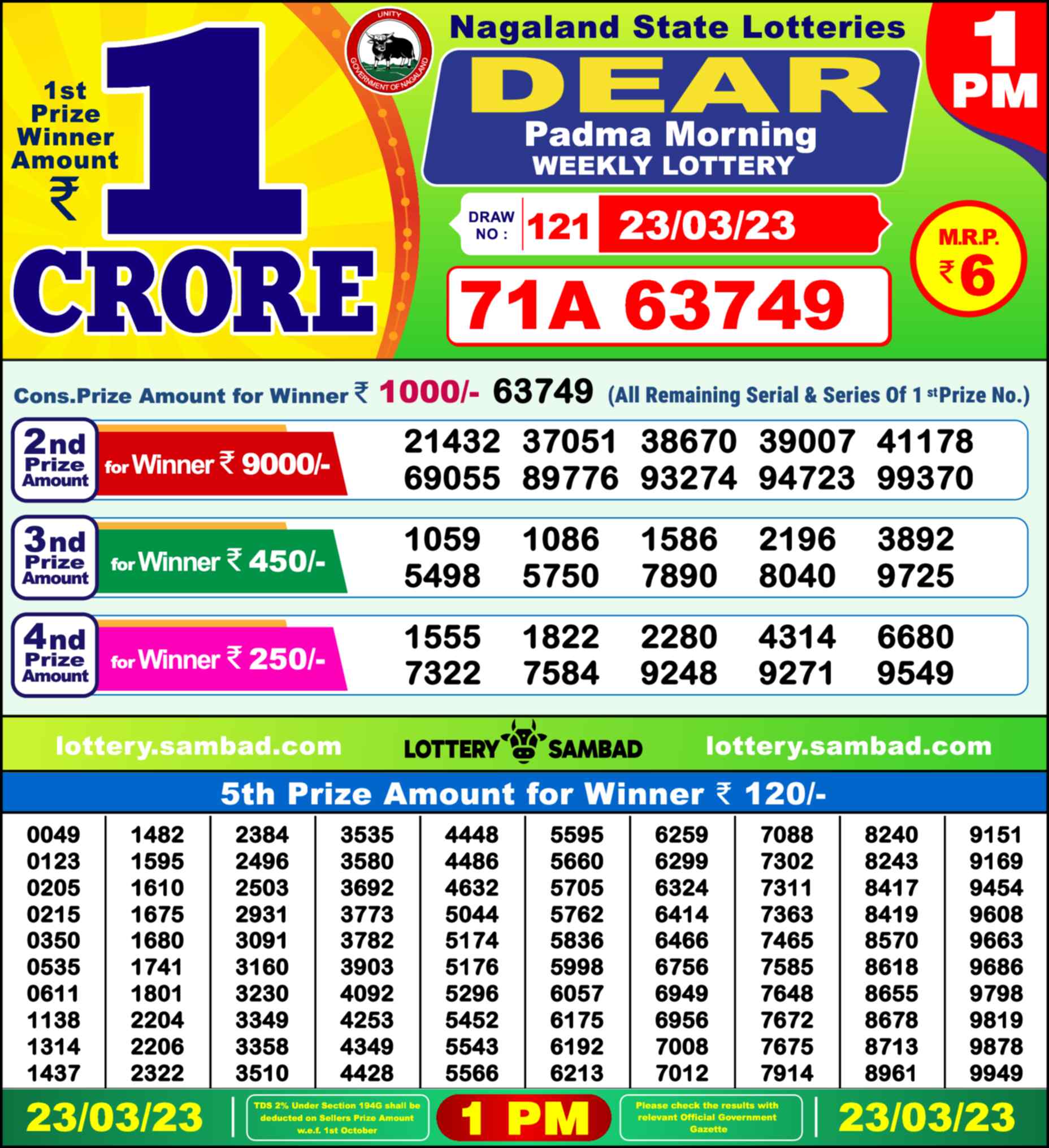 Lottery Sambad 23.03.23 Dear Lottery Result 1pm