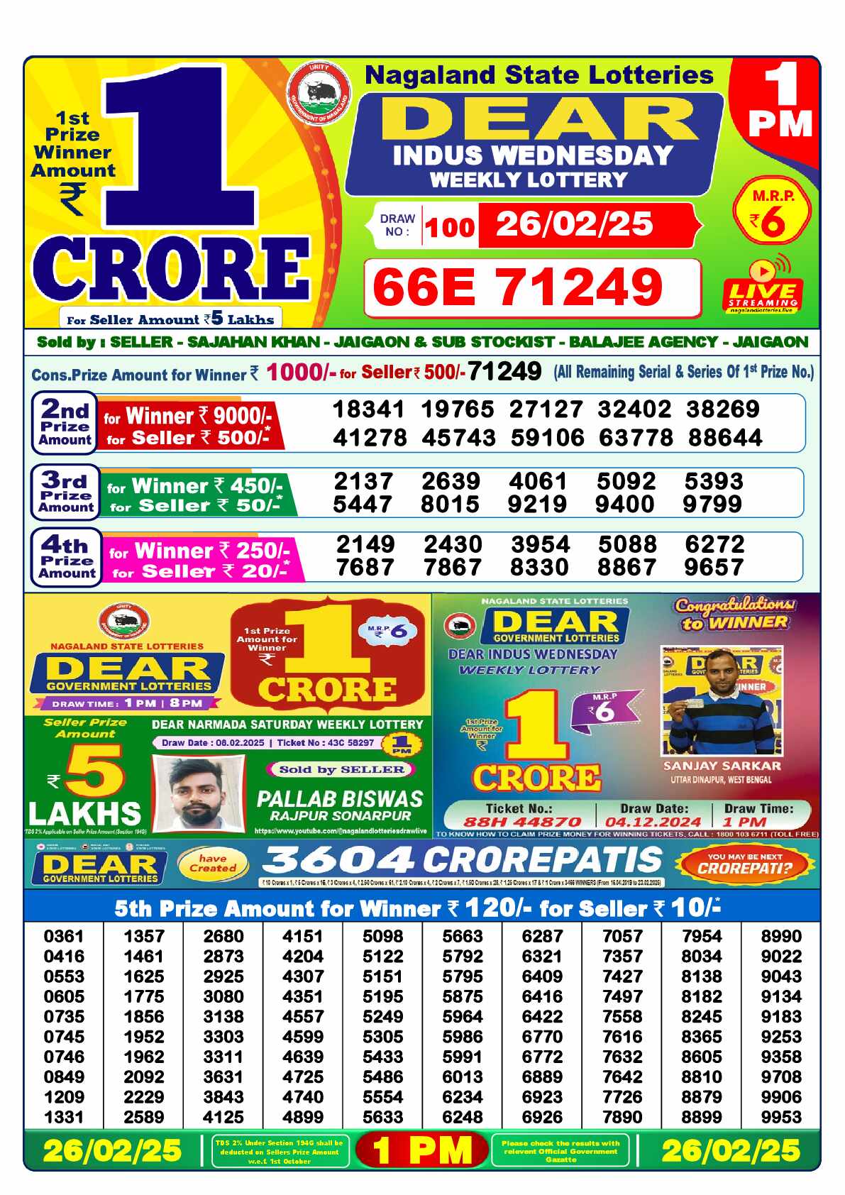 Lottery Sambad 26.02.25 Dear Lottery Result 1pm