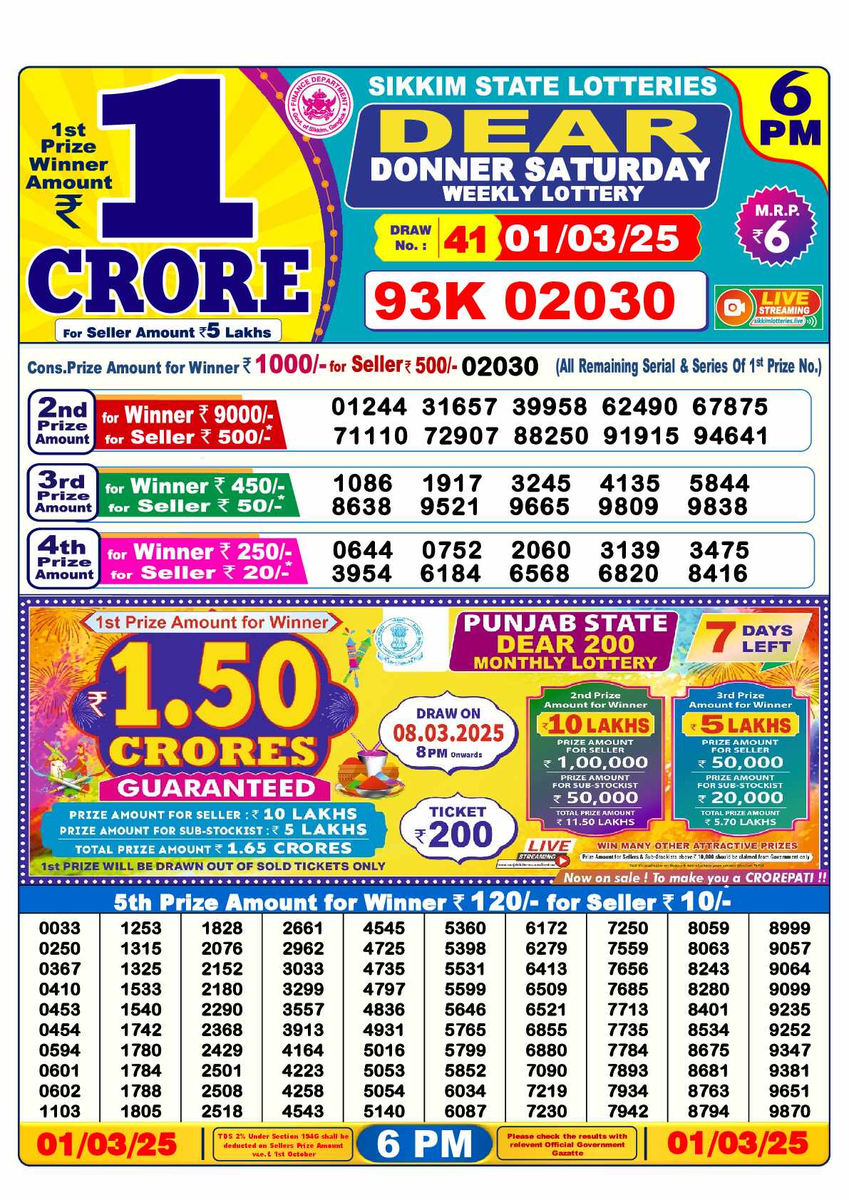 Lottery Sambad 01.03.25 Dear Lottery Result 6pm