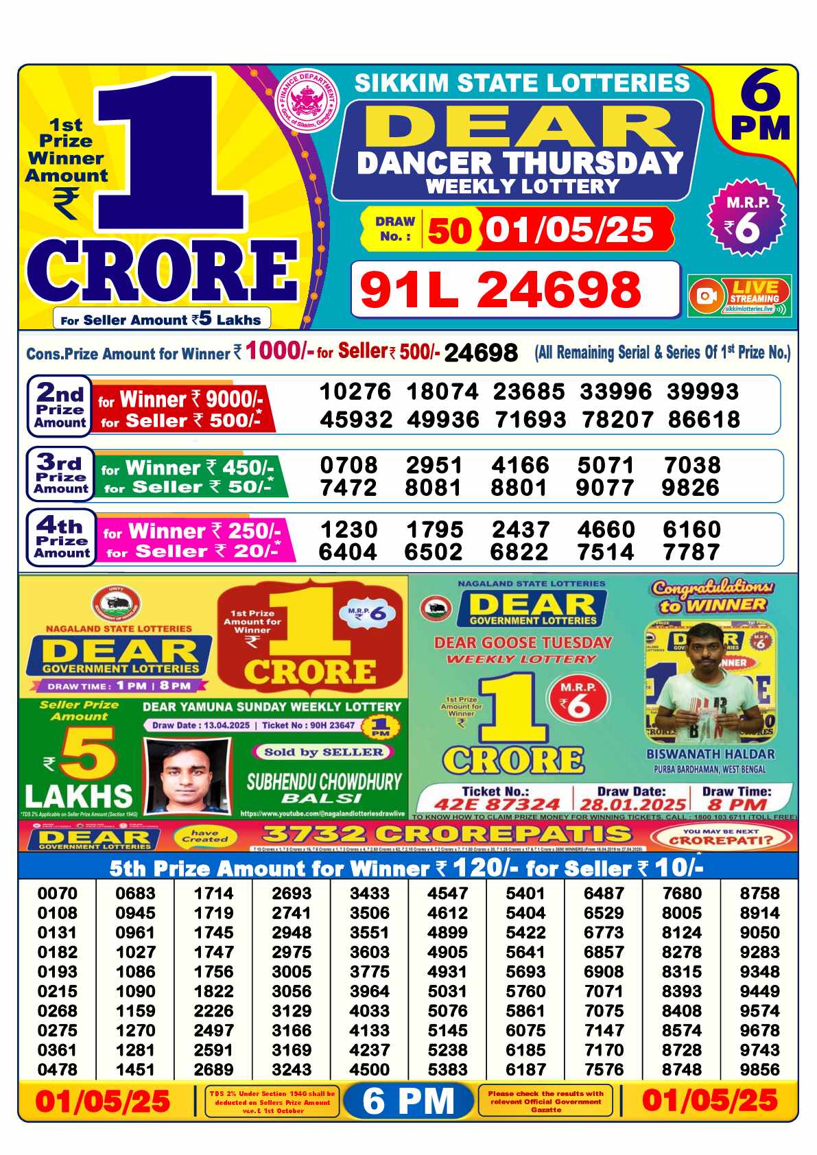 Lottery Sambad 01.05.25 Dear Lottery Result 6pm