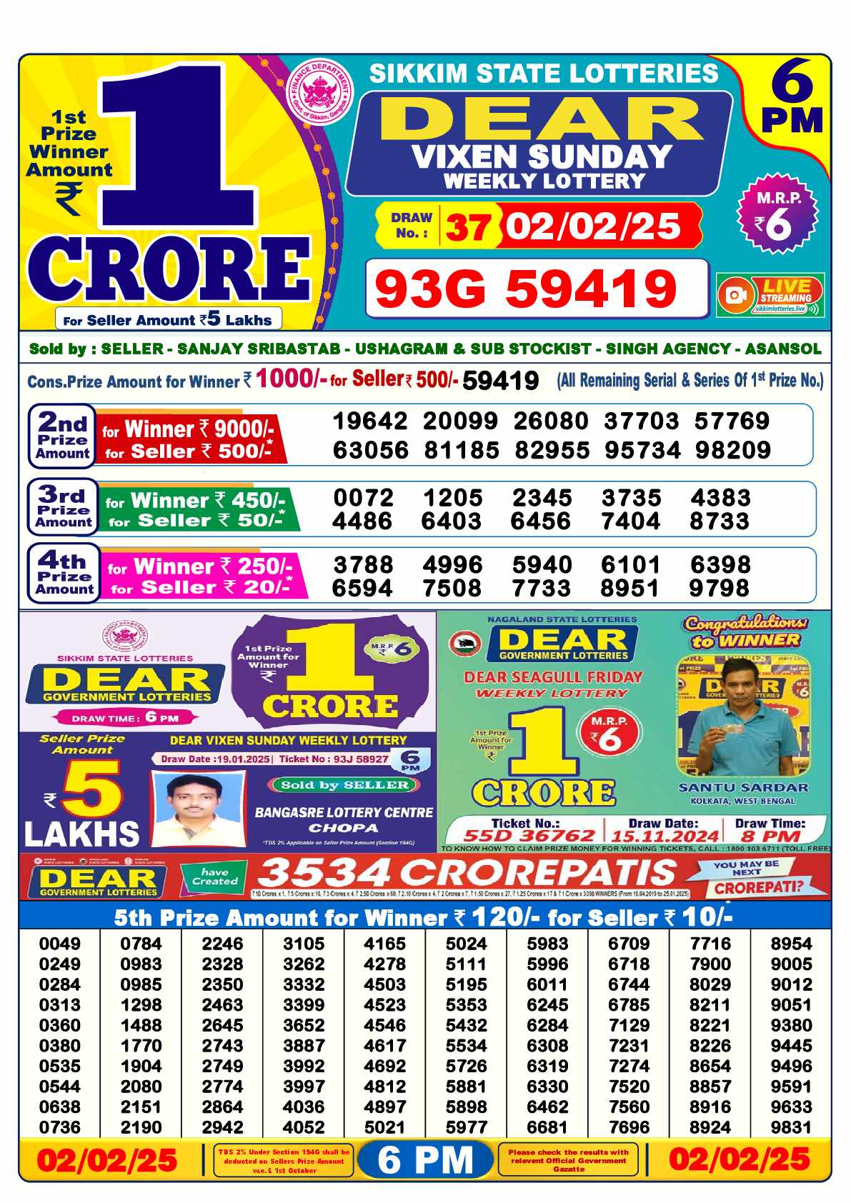 Lottery Sambad 02.02.25 Dear Lottery Result 6pm