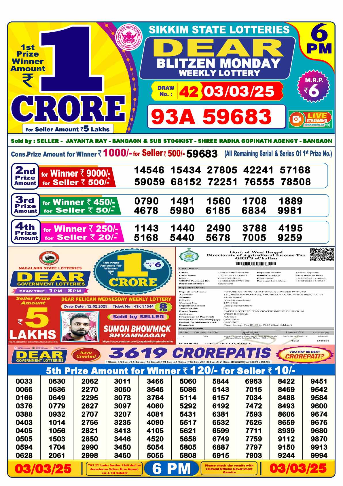 Lottery Sambad 03.03.25 Dear Lottery Result 6pm