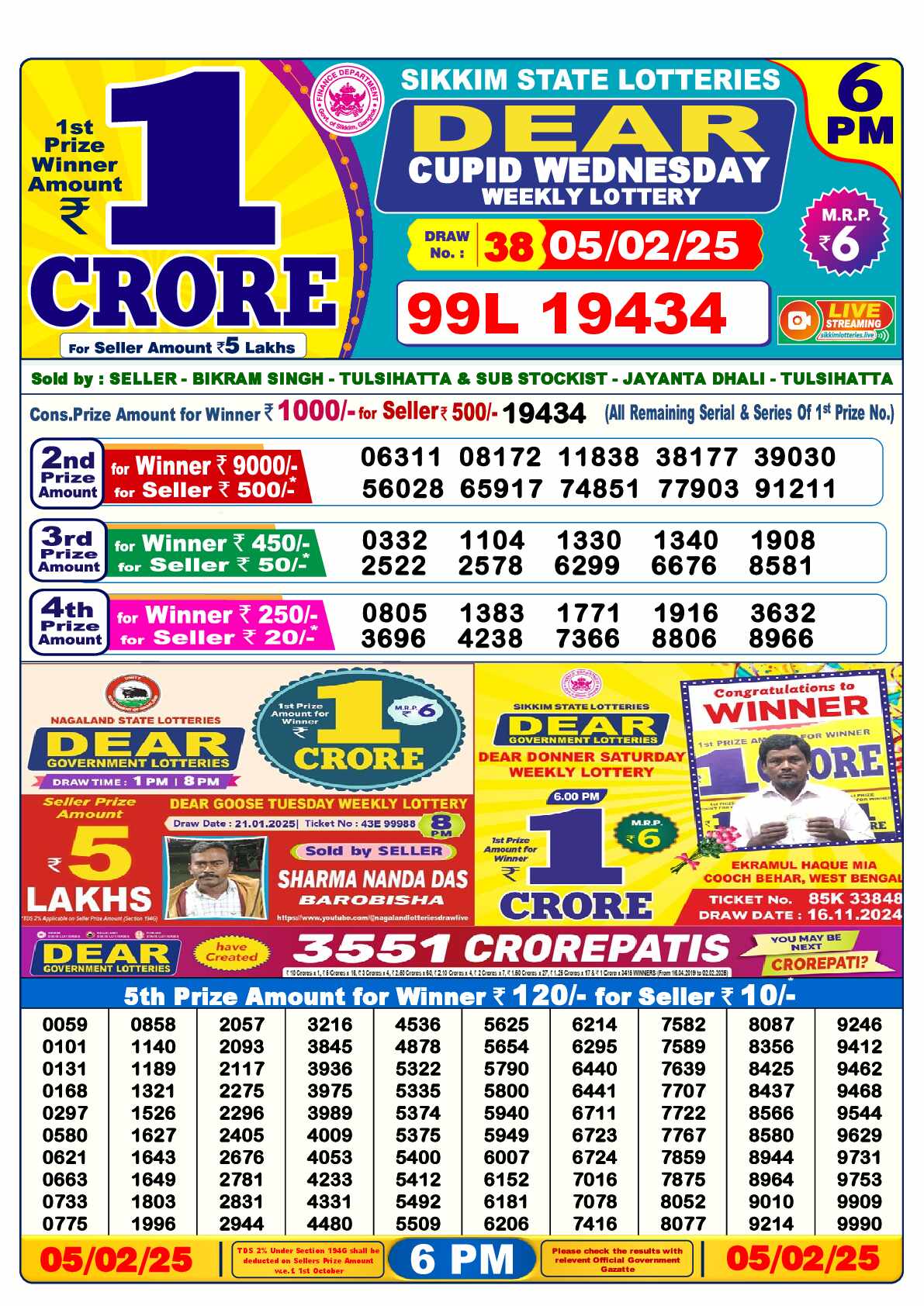 Lottery Sambad 05.02.25 Dear Lottery Result 6pm