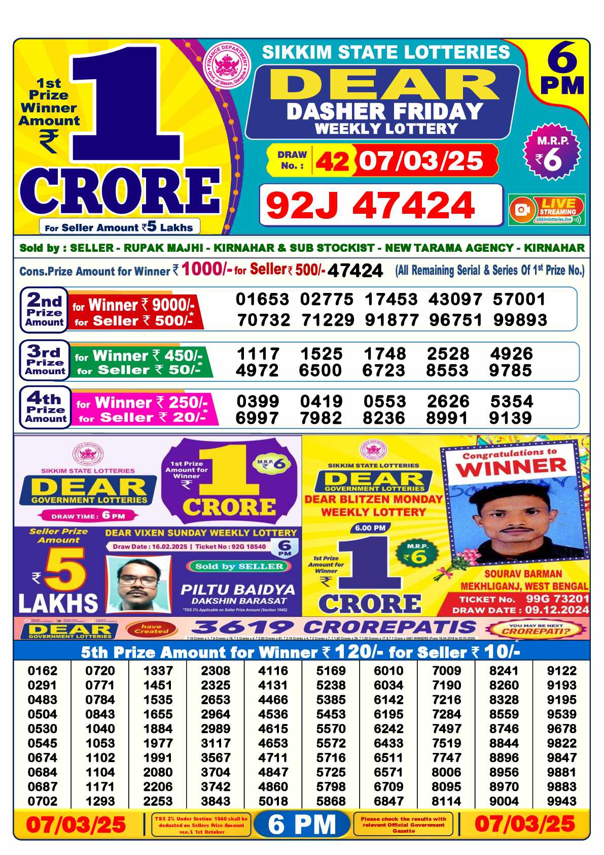 Lottery Sambad 07.03.25 Dear Lottery Result 6pm