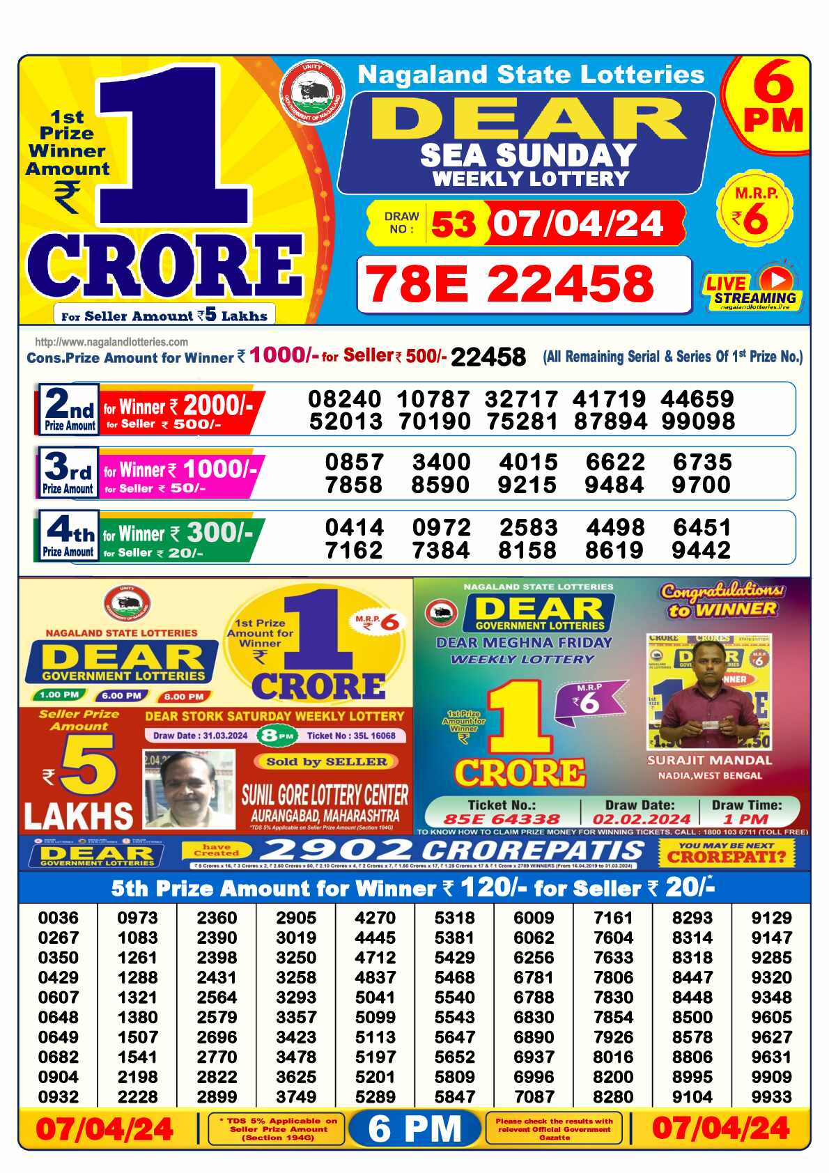 Lottery Sambad 07.04.24 Dear Lottery Result 6pm