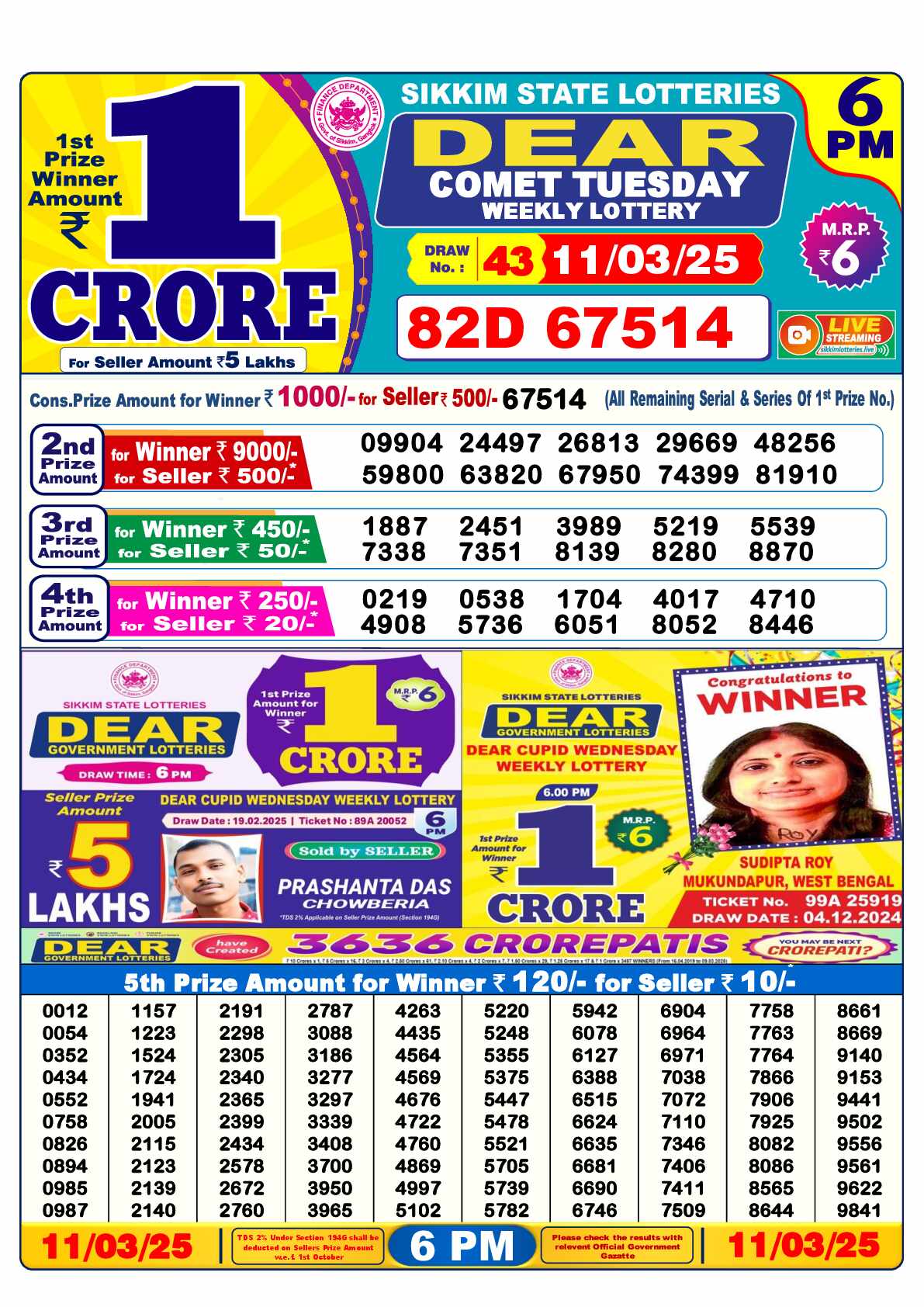 Lottery Sambad 11.03.25 Dear Lottery Result 6pm