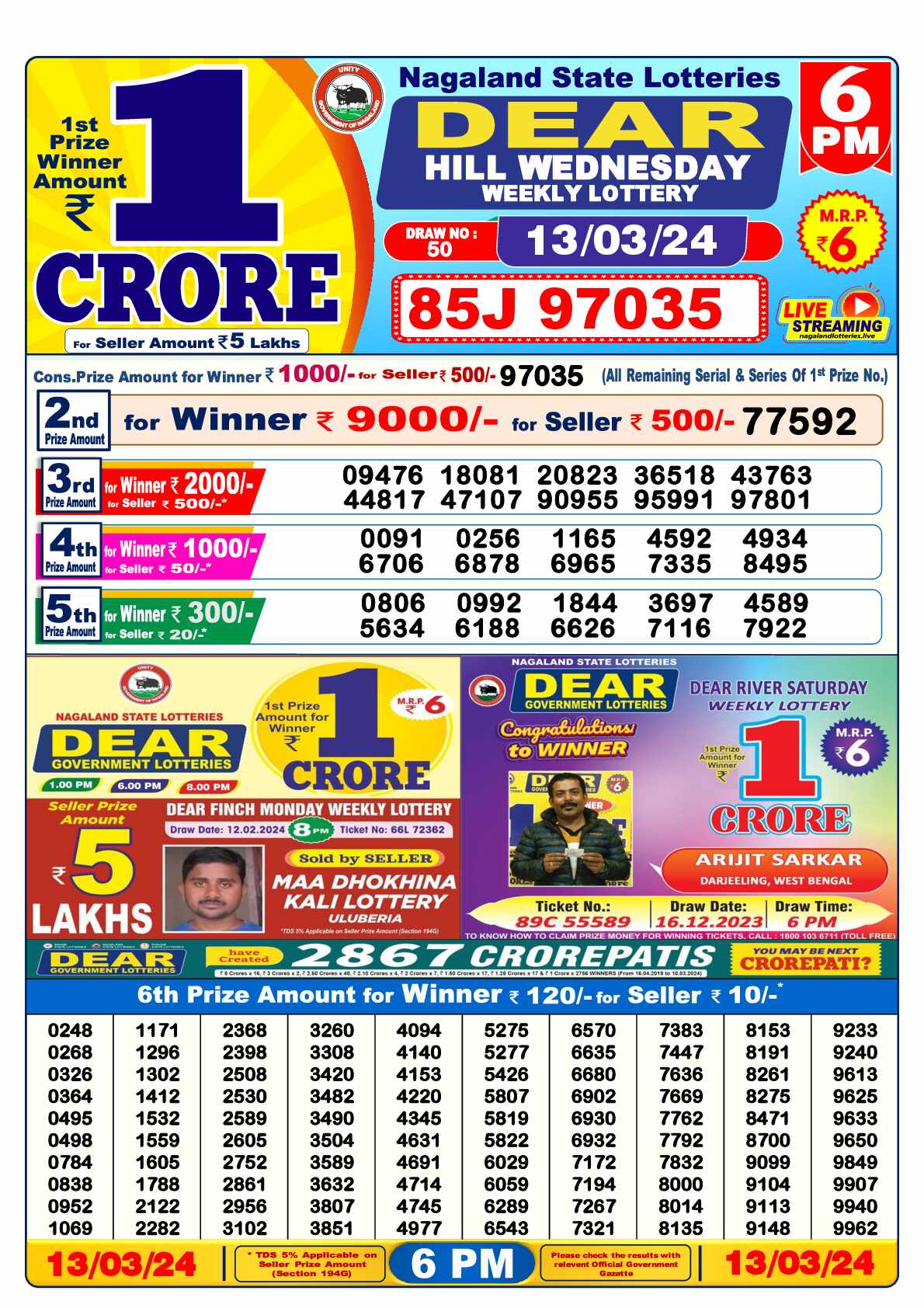 Lottery Sambad 13.03.24 Dear Lottery Result 6pm