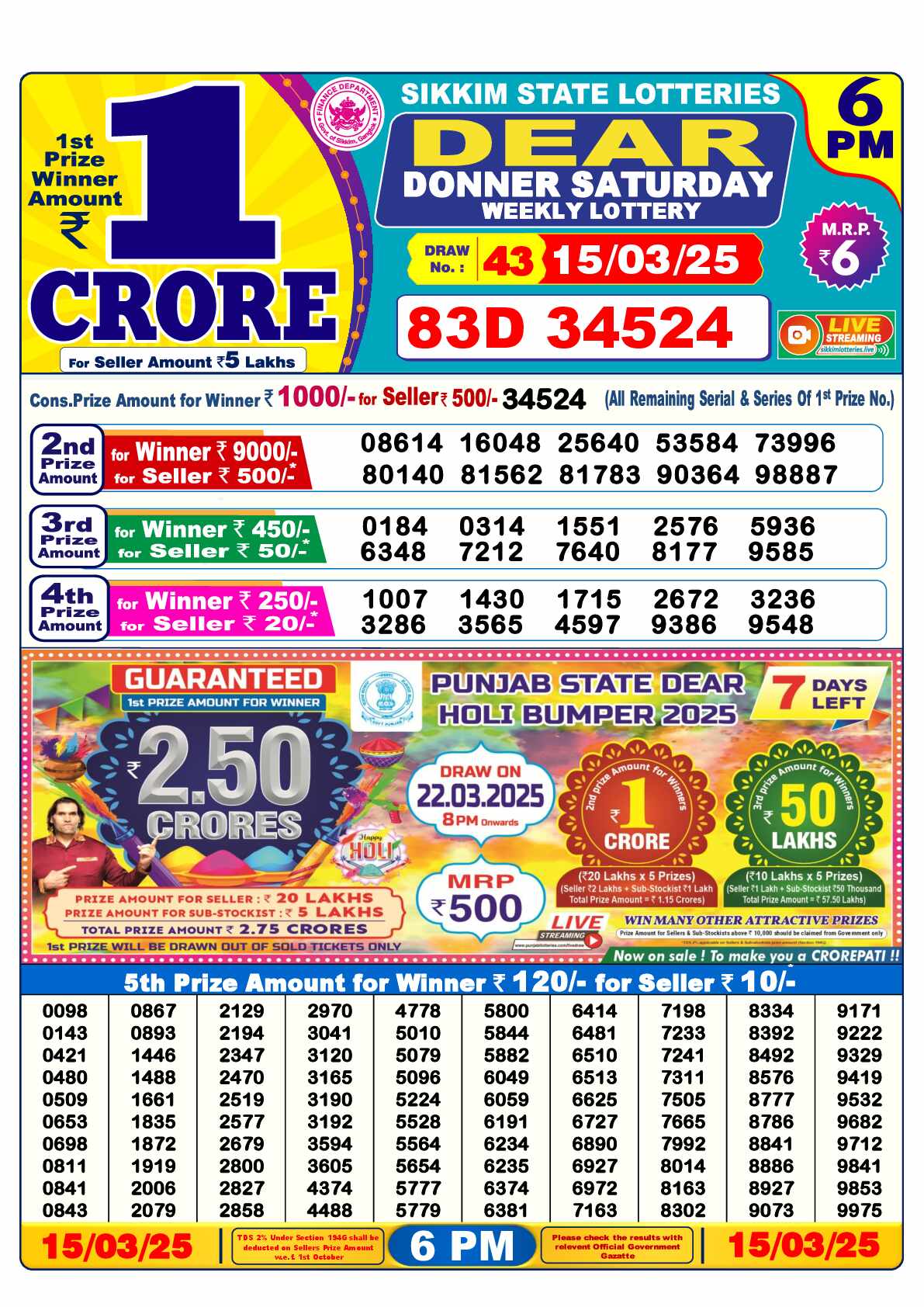 Lottery Sambad 15.03.25 Dear Lottery Result 6pm