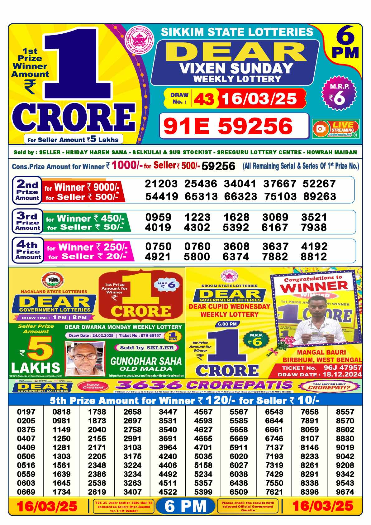 Lottery Sambad 16.03.25 Dear Lottery Result 6pm