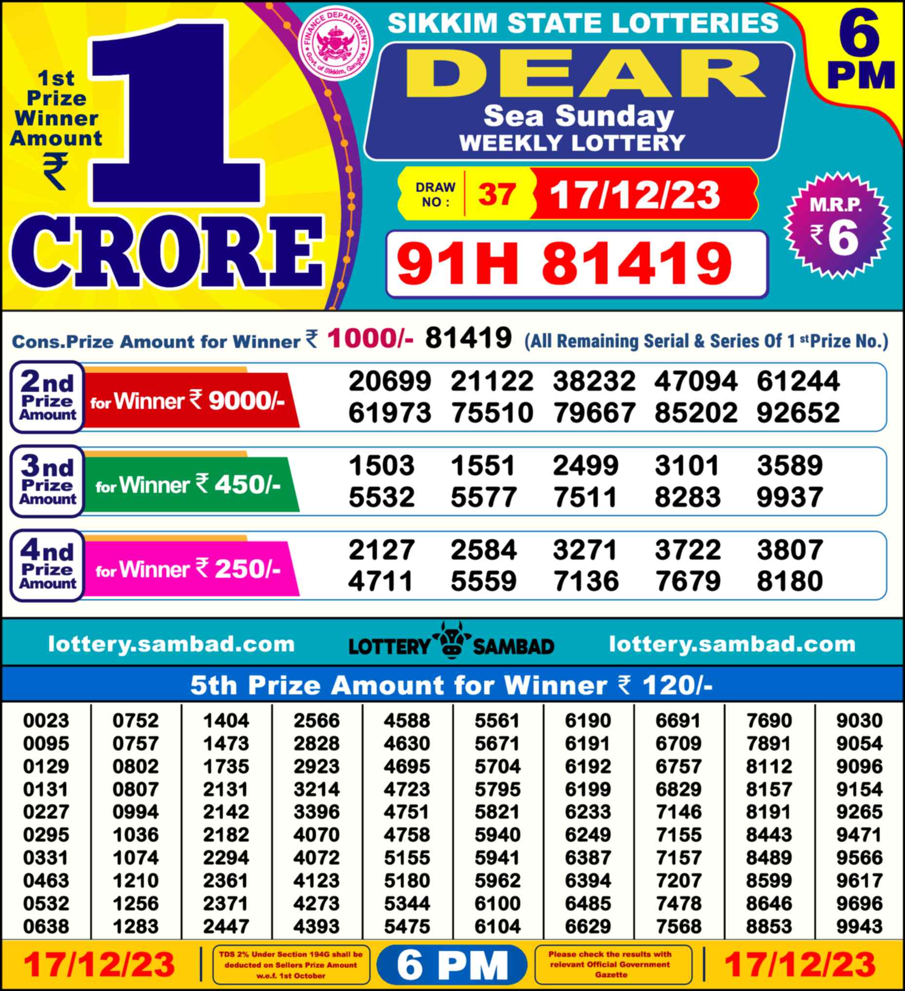 Lottery Sambad 17.12.23 Dear Lottery Result 6pm