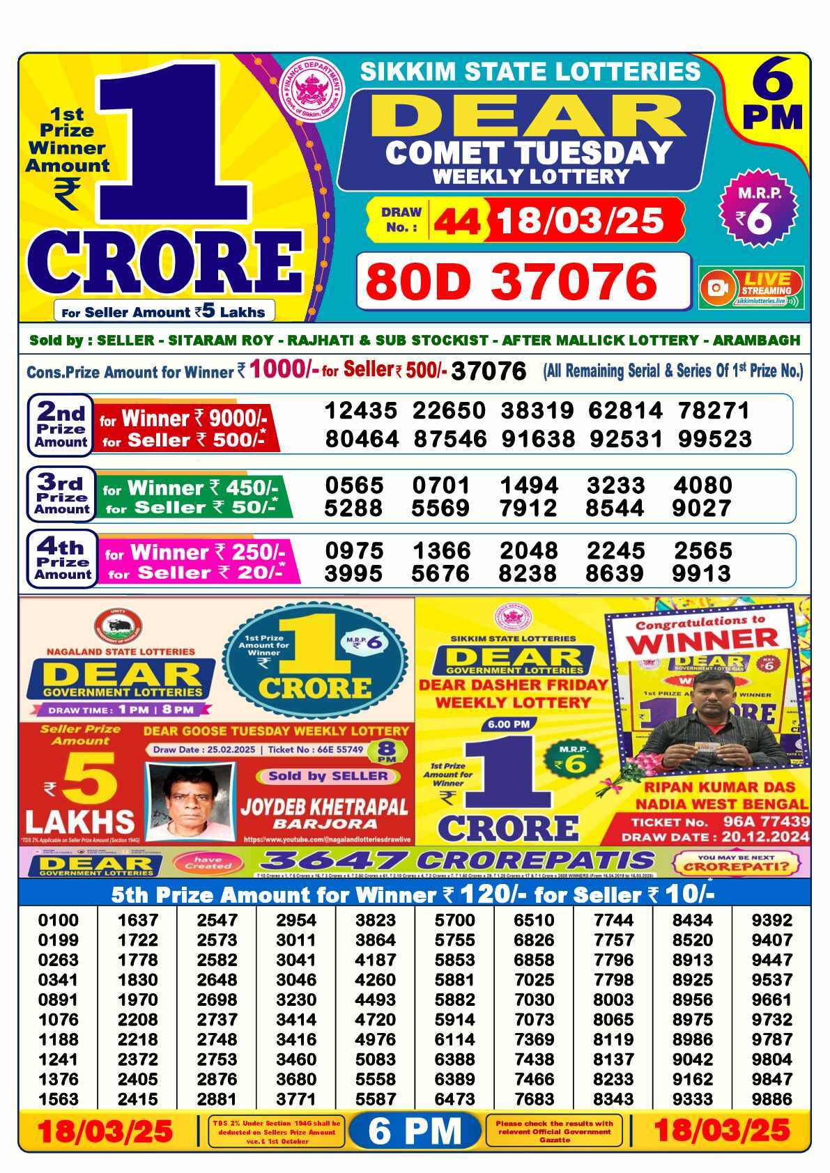 Lottery Sambad 18.03.25 Dear Lottery Result 6pm
