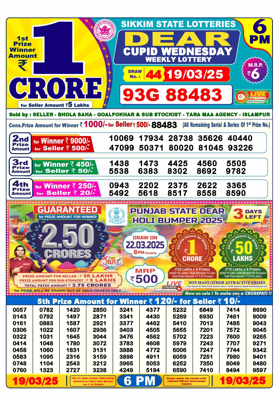 Lottery Sambad 19.03.25 Dear Lottery Result 6pm