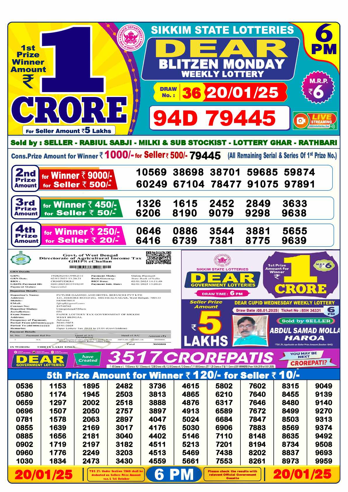 Lottery Sambad 20.01.25 Dear Lottery Result 6pm