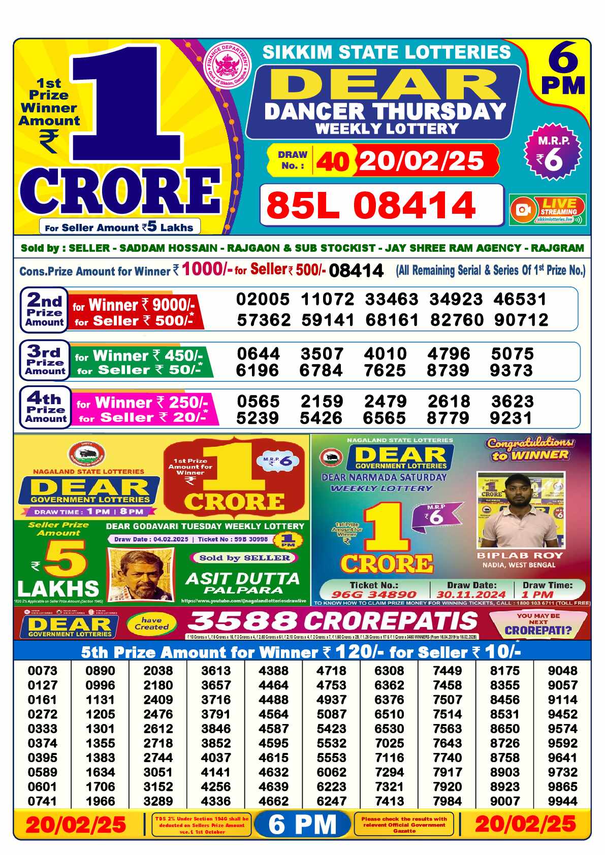 Lottery Sambad 20.02.25 Dear Lottery Result 6pm