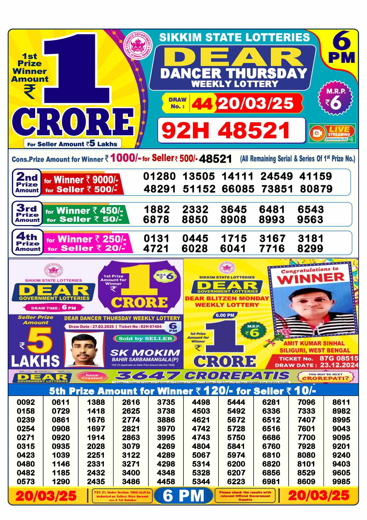 Lottery Sambad 20.03.25 Dear Lottery Result 6pm