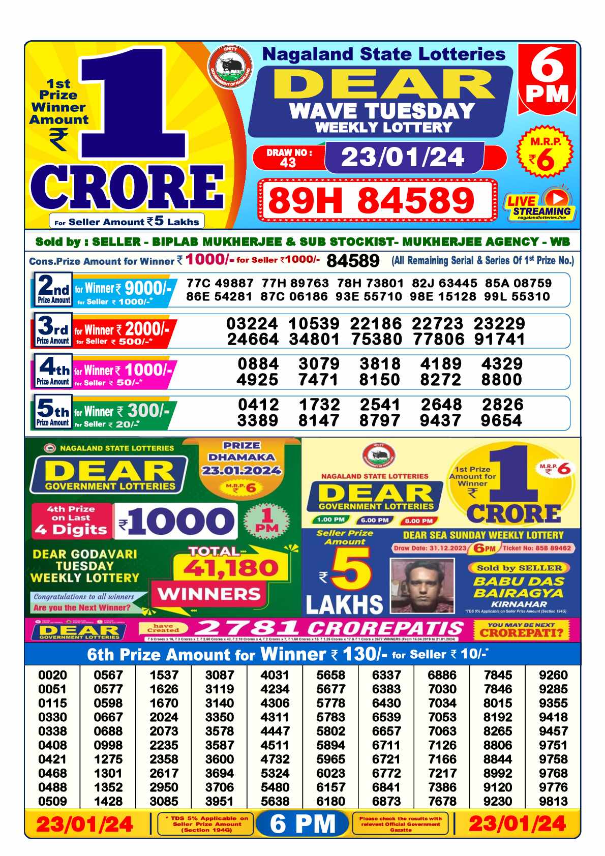 Lottery Sambad 23.01.24 Dear Lottery Result 6pm