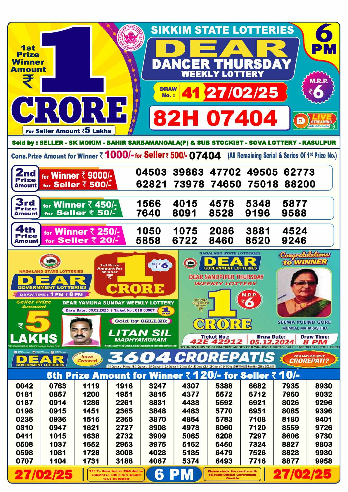 Lottery Sambad 27.02.25 Dear Lottery Result 6pm