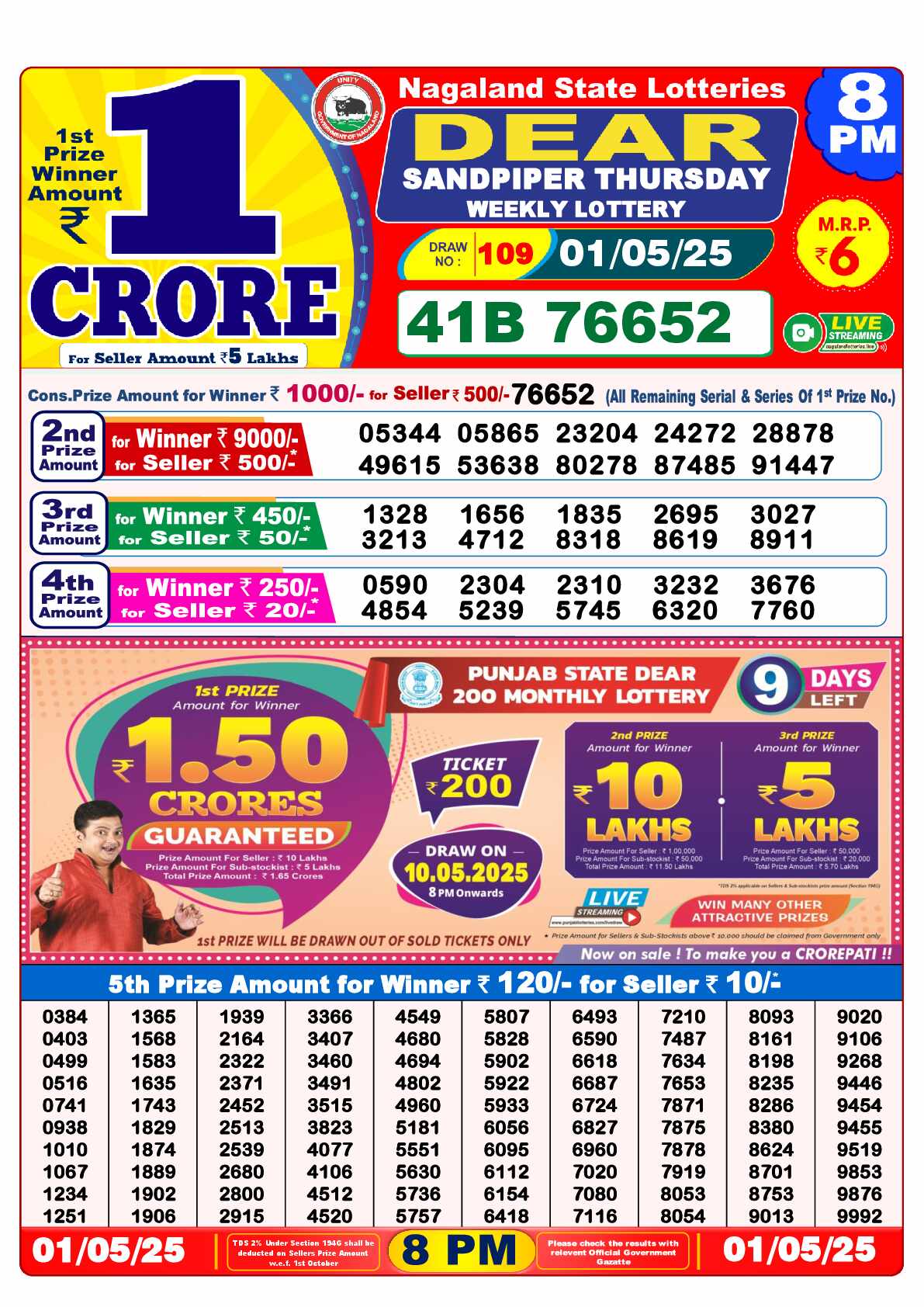Lottery Sambad 01.05.25 Dear Lottery Result 8pm