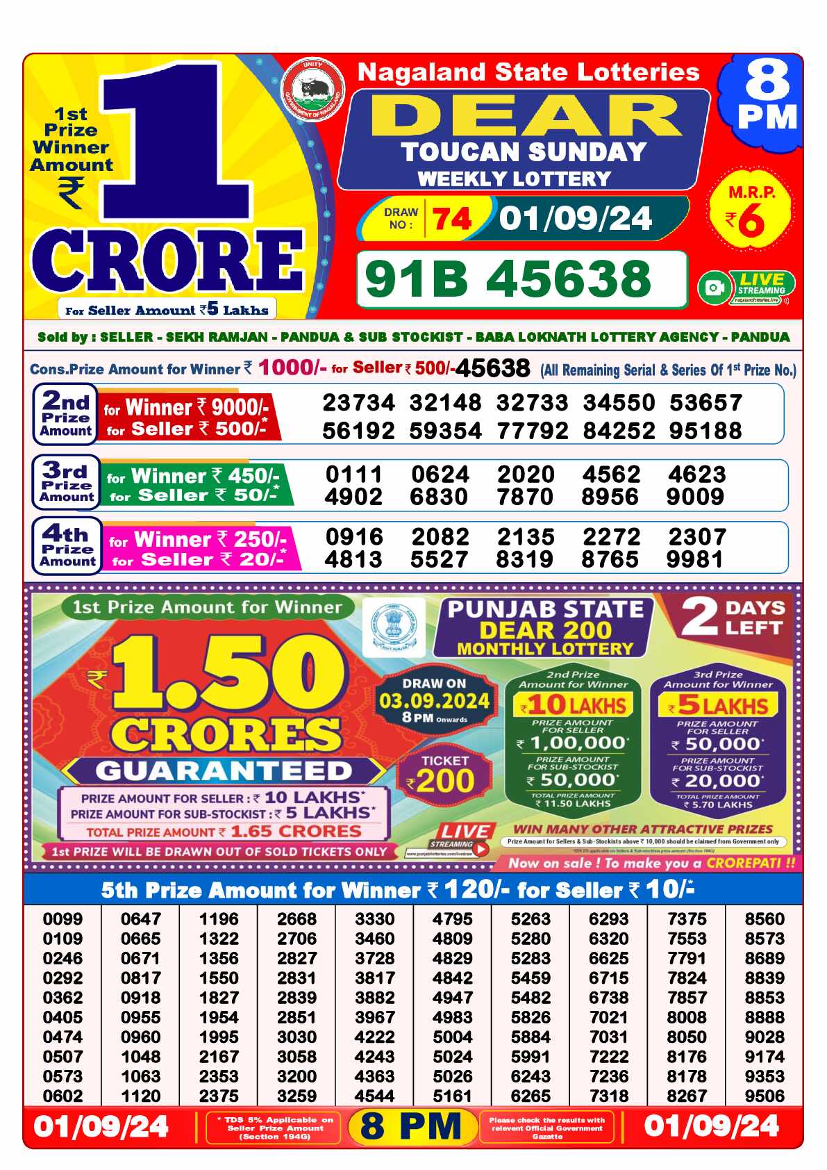 Lottery Sambad 01.09.24 Dear Lottery Result 8pm