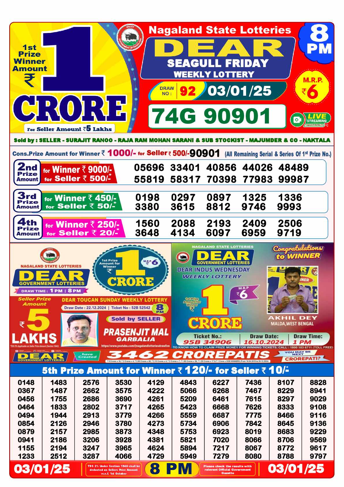 Lottery Sambad Result 8:00 PM Yesterday 03 January 2025