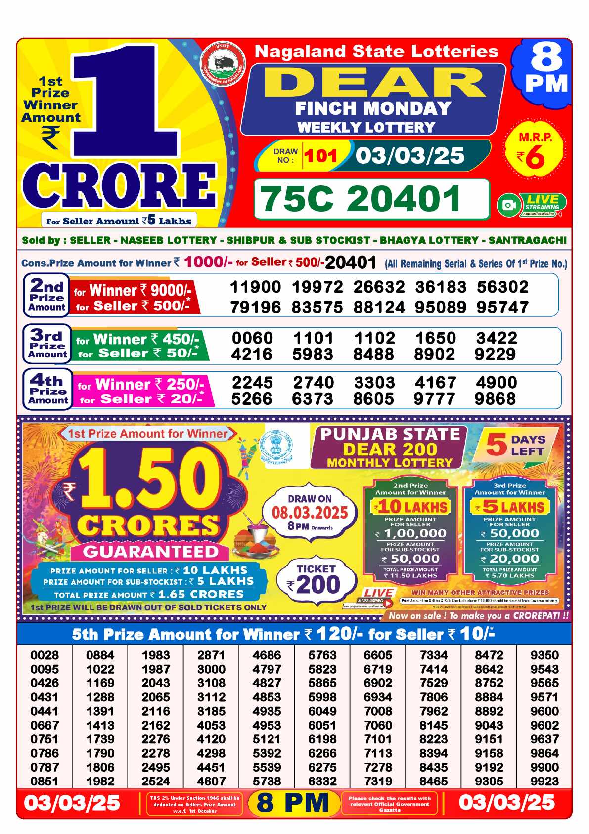 Lottery Sambad 03.03.25 Dear Lottery Result 8pm