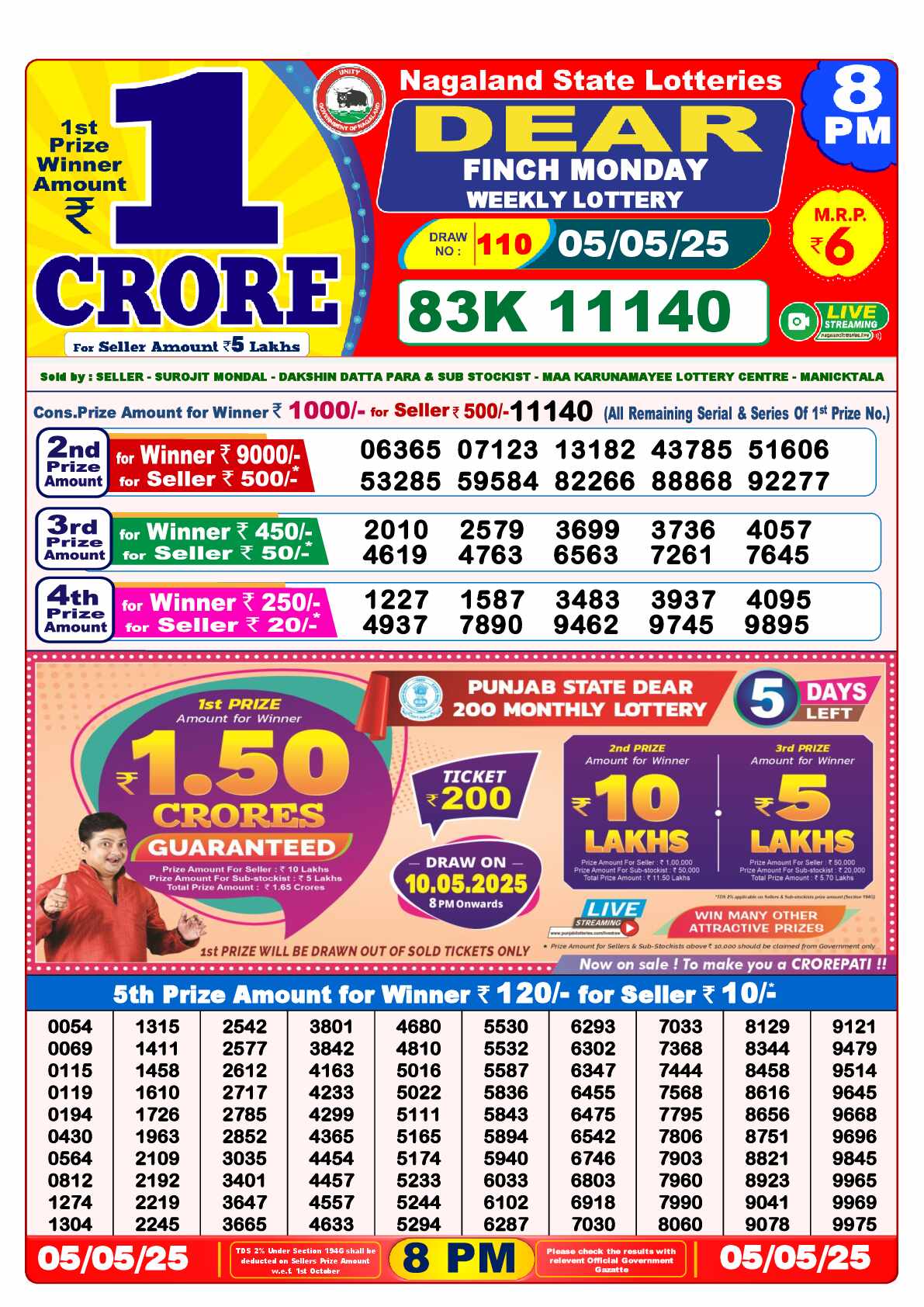 Lottery Sambad 05.05.25 Dear Lottery Result 8pm