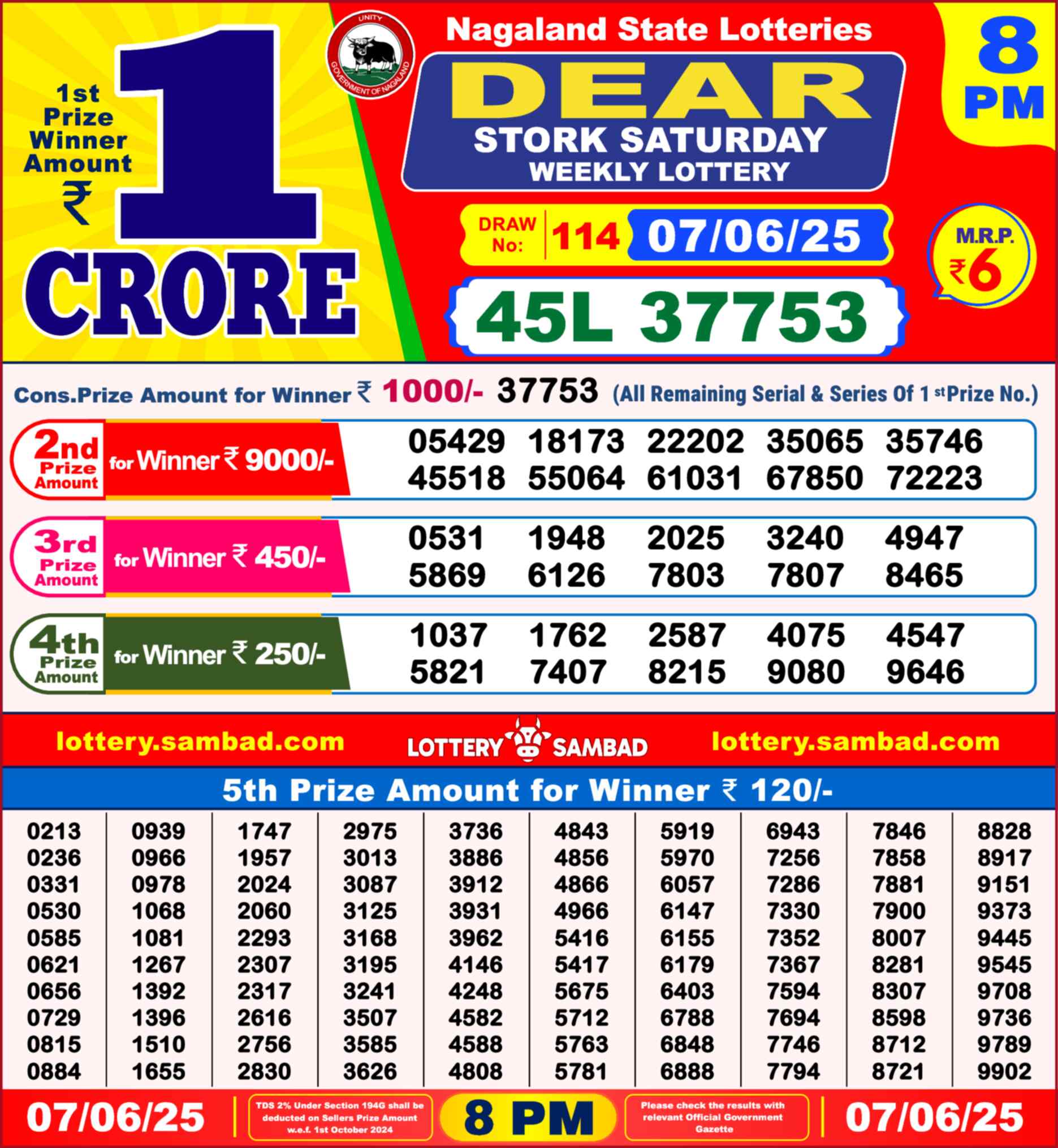Lottery Sambad 07.06.25 Dear Lottery Result 8pm