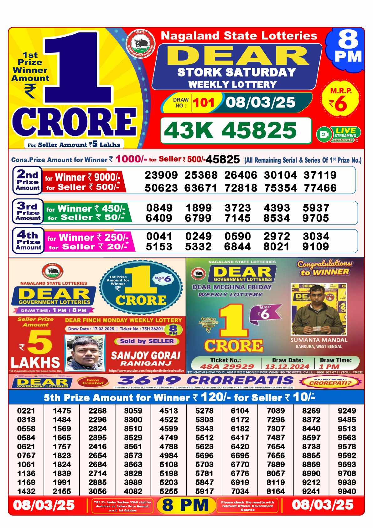 Lottery Sambad 08.03.25 Dear Lottery Result 8pm